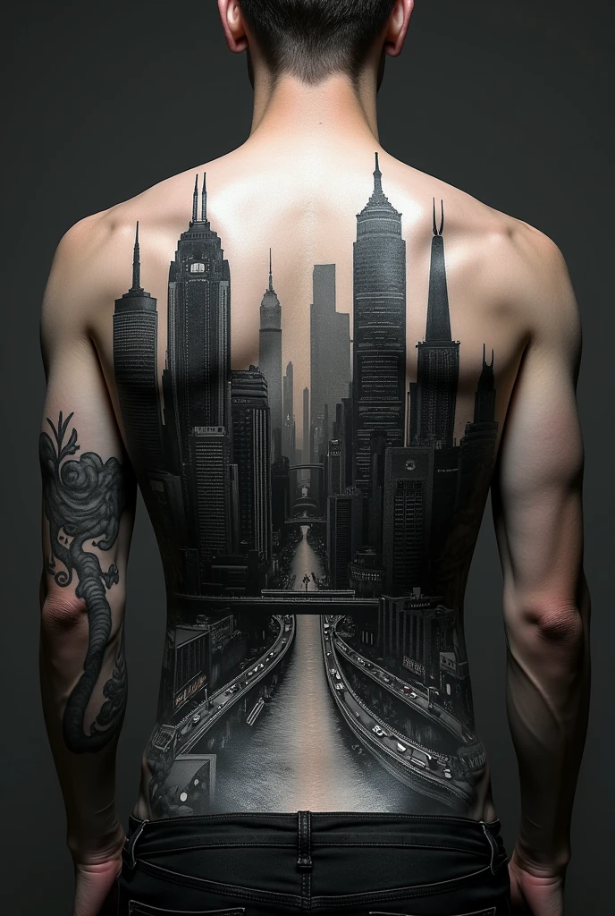 Black and white biomechanical style tattoo, with Taipei 101 Tower, la swan bells tower de Perth, the eiffel tower in paris, un rubis en noir et blanc caché et inscrire deux dates, the 11.12.2020 et le 15.08.2016