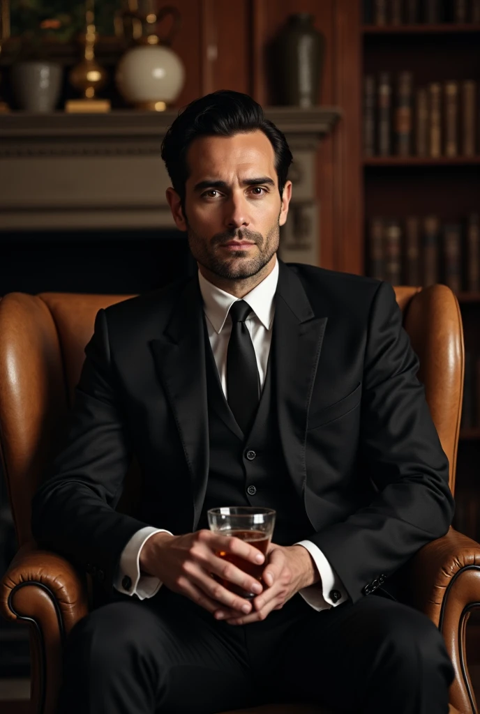 Successful white man with black hair with 40 years of age and a slight smile on his face without showing his teeth, in a suit holding a glass of whiskey, in a strict business suit, dark suit, positioned facing the image and with 5 fingers in each hand --auto --s2