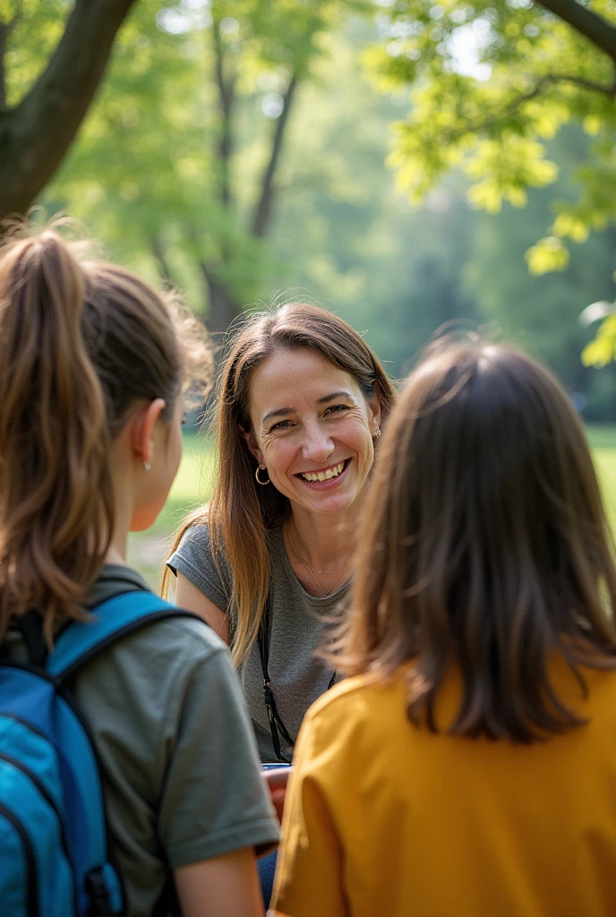 Teacher Susy takes her students to the park. asks them to observe the environment and reflect on what they see . The ren immerse themselves in the activity , , expressing their feelings and learning to observe critically.