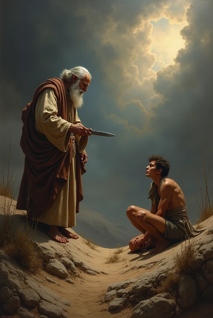 "Create a detailed digital artwork depicting the intense biblical scene where Abraham is about to sacrifice his son Isaac. Isaac, around 20 years old, lies bound with ropes on a stone altar, his expression showing a resigned acceptance of his fate. Abraham, an elderly man with a solemn face, holds a knife above Isaac, poised to complete the sacrifice. A powerful beam of divine light breaks through the dark, stormy sky, illuminating the figures with a dramatic glow, while the background remains shrouded in deep shadows. The image should focus on realistic details, including the textures of the ropes, the expressions on the characters' faces, and the play of light and shadow, all rendered in a high-definition digital art style."