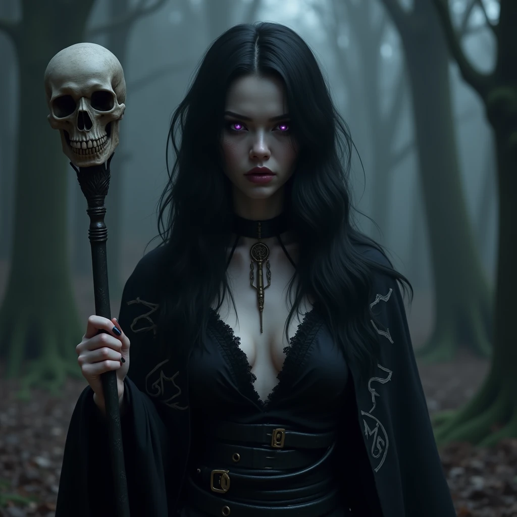 4K gothic style quality, digital drawing mode, dark fantasy-themed gothic female character, raven black hair with ghostly white highlights, haunted violet eyes, wearing only a dark cloak with ancient runes, holding a staff with a skull, Blur the background to create a three-dimensional effect, atmosphere, standing in the shadowy underworld redeeming her dark magic, radiant skin, flowing hair, glossy lips, sorrowful eyes, full body, dynamic pose, life size, perfect anatomy, detailed skin texture, full HD, 4K, HDR, perfect anatomy, depth of field