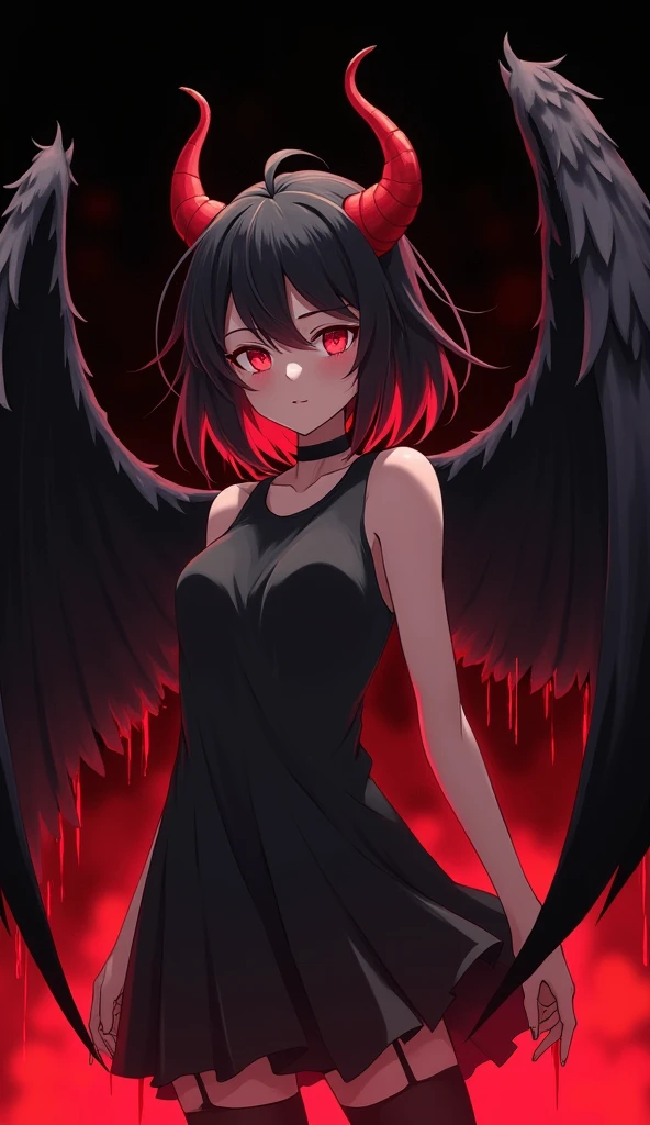 girl, sinister smile, in panties, black wings behind, black hair to the eyes, red glowing eyes, brutal, crows flying from above