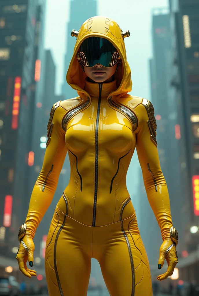 (best quality, 4k, 8k, high resolution, masterpiece: 1.2), ultra-detailed, (realistic, photorealistic, photorealistic: 1.37) (3d art) strong woman defined body, cybernetic holographic yellow hooded shirt, free shoulders, free belly, yellow leggings with cybernetic cables and wires, (cinematic frame), bright flaming eyes, tattoo all over the body, white hair, (top-down perspective frame showing the ground) rainy environment, futuristic background, buildings with LEDs and businesses, bright signs, busy city, alien city full of alien beings,