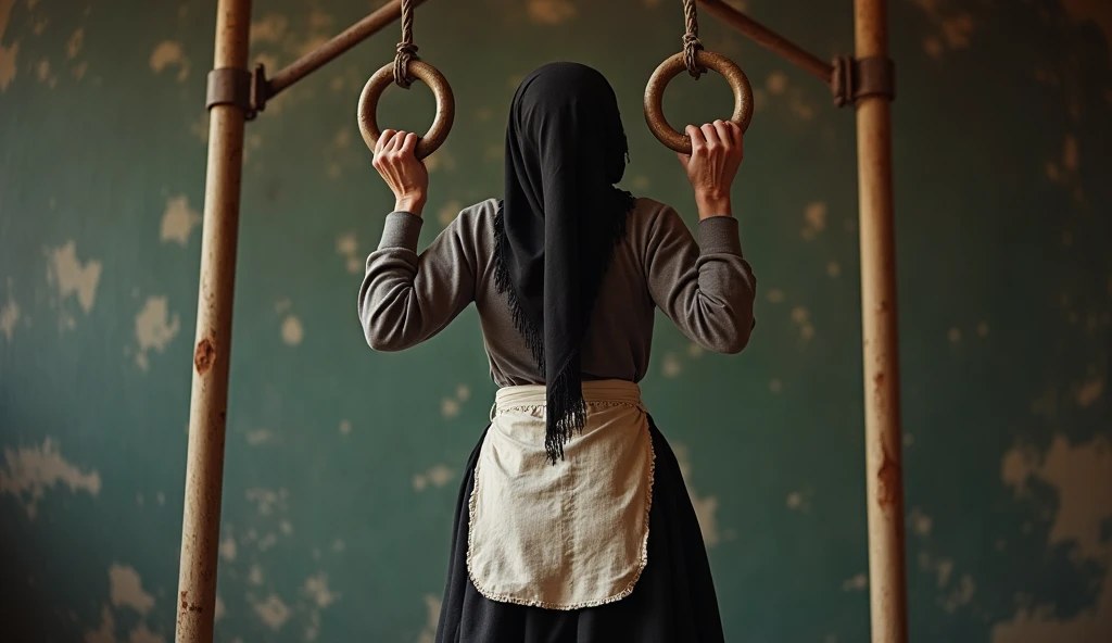 A beautiful Asian girl with white skin wearing a long black hijab had both her arms hung up With rope And hanged by several old men so that she looked very tormented and Fatigue, Make the old men look near the girl, and make your picture