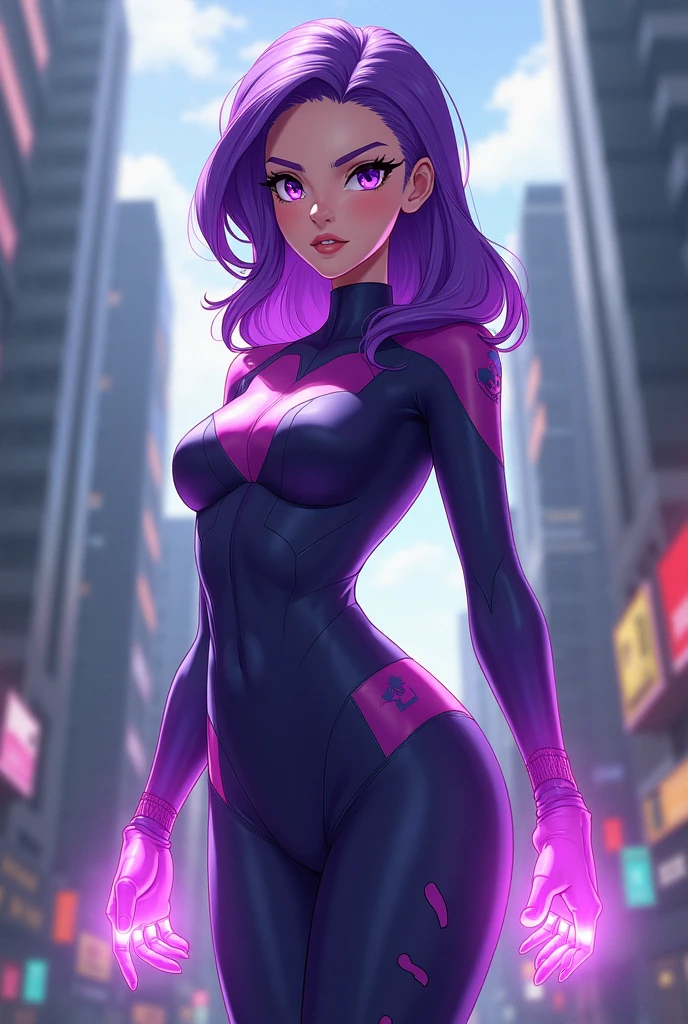 Starfire the teen titans, woman age 35, bright red hair, glowing green eyes, mature, intimidating pose, long legs, curves, large breasts, thick thighs, wide hips, long eyelashes, flying through the night sky, arched back, flawless feet, feet in frame, detailed feet, very feminine, purple clothes, purple mini skirt, up skirt, purple panties showing, camel toe, purple leotard, low cut leotard