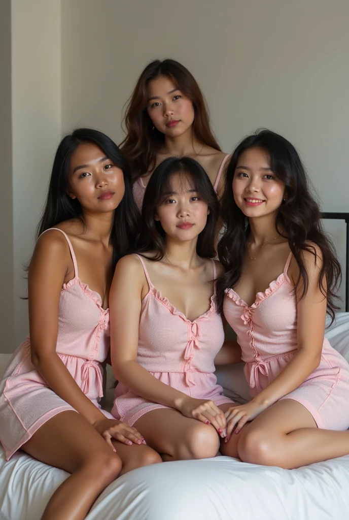 beautiful detailed eyes, beautiful detailed lips, extremely detailed eyes and face, long eyelashes, 1girl, pink transparent lingerie, breast cleavage, bob hair, bangs, smiling, detailed facial features, delicate skin, natural lighting, soft shadows, high quality, intricate details, photorealistic, oil painting, master painting, warm color tones, cinematic lighting