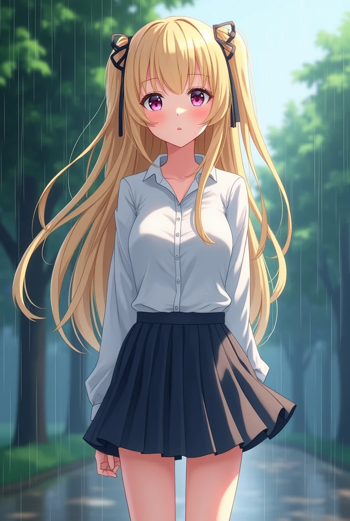 Best quality, A high resolution, absurdity, ultra detailed, 1 girl, long_hair, skirt, alone, shirt, rain, wet_cloth, hair_square, wet, small_breast, underwear, wet_skirt, look through, blonde, amber_eyes.