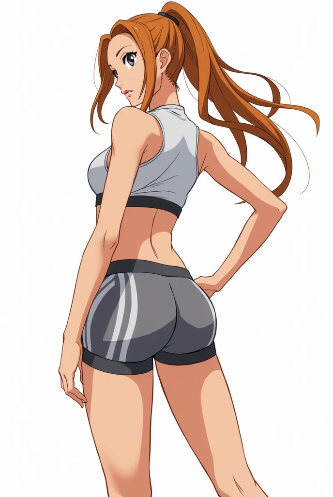 ((8K resolution))、((highest quality))、((masterpiece))、((Very detailed))、 (Anatomically correct)、((theme、whole body:1.1)), (camera:Focus on the butt)、one person、girl、blush、Disgusting、(A slim but muscular body,Toned arms, Long, slender legs,),((hair:Short Bob、Inner Color)),(Grey sports bra、gray sports shorts)