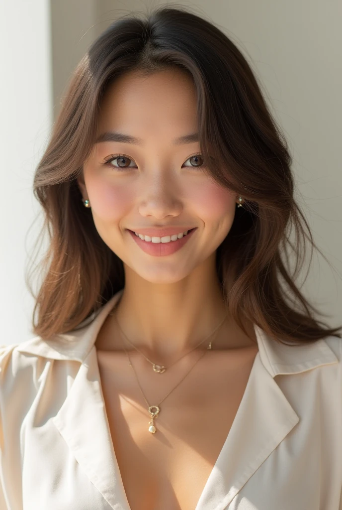 A beautiful Japanese woman who looks like she's half-Japanese、Sharp features、Big eyes、Fine, glossy hair、Hair that is collarbone to upper chest length、Thready hair、Brown hair color、Smooth and straight hair、Body turned slightly towards the camera with direct eye contact、Smiling Kindly、The background is simple and bright concrete.、Pink beige round neck T-shirt、Diamond stud earrings and necklace、I don't want to curl my hair, I want it straight and smooth.、Chest length hair、A woman with strong features