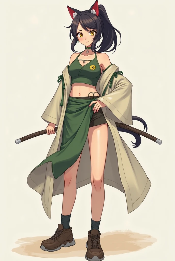 Une fille dans le style naruto.
Elle porte un bandana qui couvre le dessus de sa tête, laissant voir ses cheveux longs et bruns.
Ses yeux sont noirs et elle a un trou visible dans l'un de ses sourcils.
Son visage est assez masculin.
Son haut consiste en des bandages qui lui servent de brassière avec un kimono court qui s'arrête au niveau de sa taille et à manches courtes, ouvert. Elle a une pointerine assez plate.
Autour de sa taille, elle a une ceinture faite d'une grosse corde nouée qui laisse dépasser son pantalon au dessus avec des plis.
Elle porte un pantalon très large qui se resserre au niveau de la cheville et des tongs style japonais en bois.
Le résultat doit être vu de la tête au pied