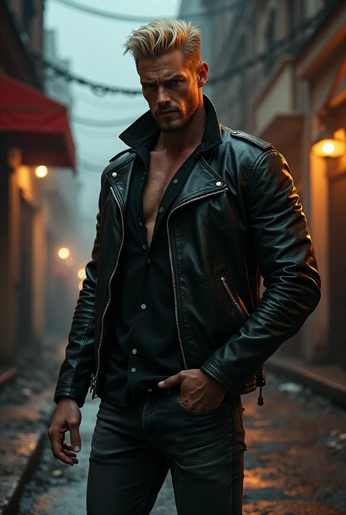 A 2 guy with an oval face and lean build stands against a gritty urban backdrop, exuding confidence. His brown eyes are intense, and his tousled brown hair adds to his effortlessly cool vibe. He's dressed in a fitted black leather jacket, showcasing his abs beneath, with dark jeans and boots. The lighting is moody, casting sharp shadows that enhance his features, giving the scene a raw, edgy aesthetic