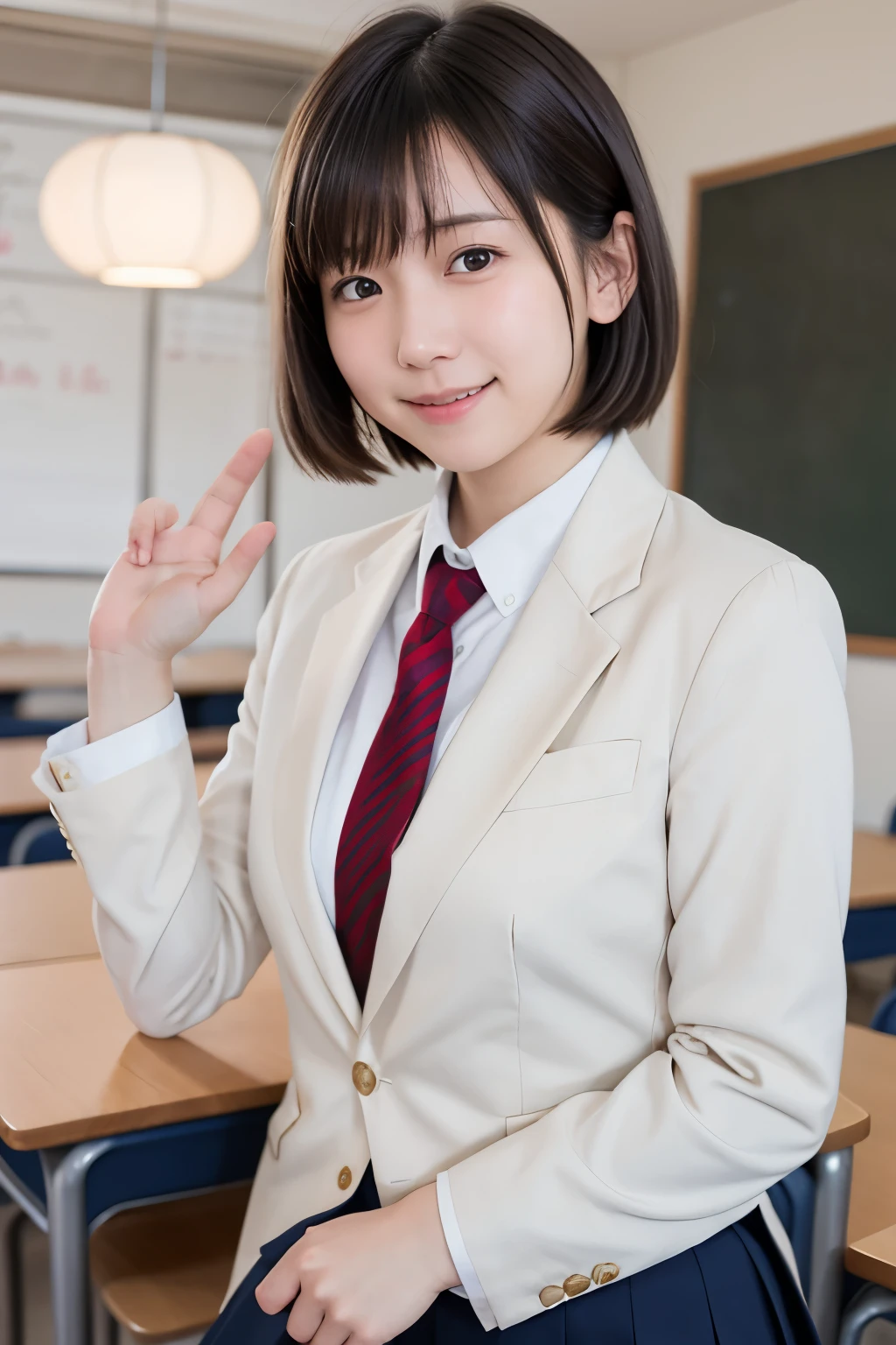 best quality , high quality ,  soft light,  super high definition, ( Photos Realistic :1.4), focus on face ,  japanese girl, solo, cute ,  embarrassed smile, ( brown eyes,  light in the eyes ),  detailed and beautiful face ,  realistic skin and texture ,  short bob hair,  high school classroom , blazer,  white shirt,  red tie , skirt