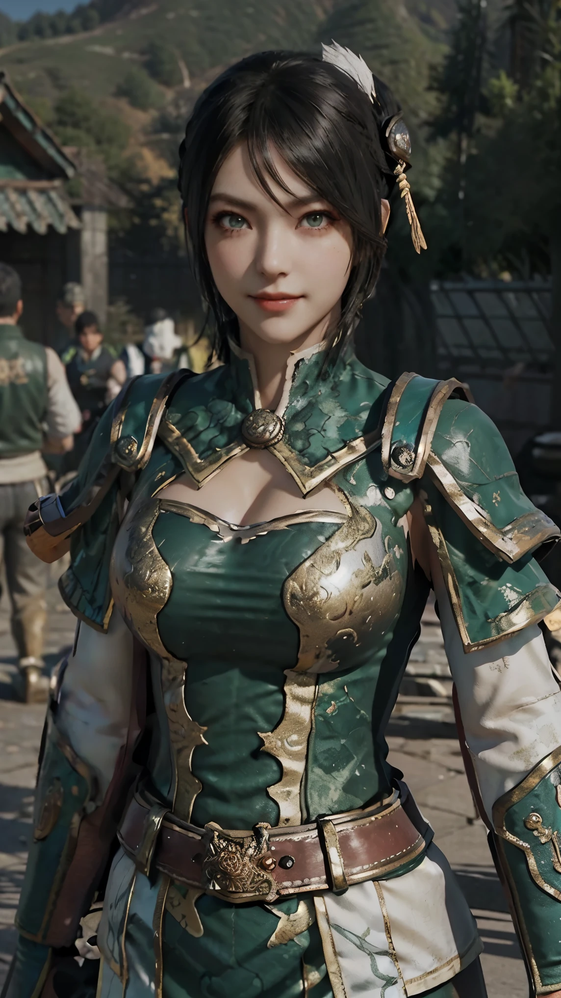 Xingcai,(best qualityer,4K,8k,high resolution,work of art:1.2)(weather: windy), Chinese village background, Chinese garden, short sleeve top, shoulder pads, elbow long gauntlets, capelet, belt, corset, mini skirt, gold trim, pantyhose, thigh high boots, dragon embroidery, eyeliner, short wavy hair, black hair, ultra detailed, realistic, portrait, beautiful detailed green eyes, glowing eyes, blush, beautiful detailed lips, extremely detailed eye and face, long eyelashes, sexy, average, large breasts, beaming smile, flirty smile, powerful girl, combat pose, stunning curves, bright coloured, dramatic lighting,