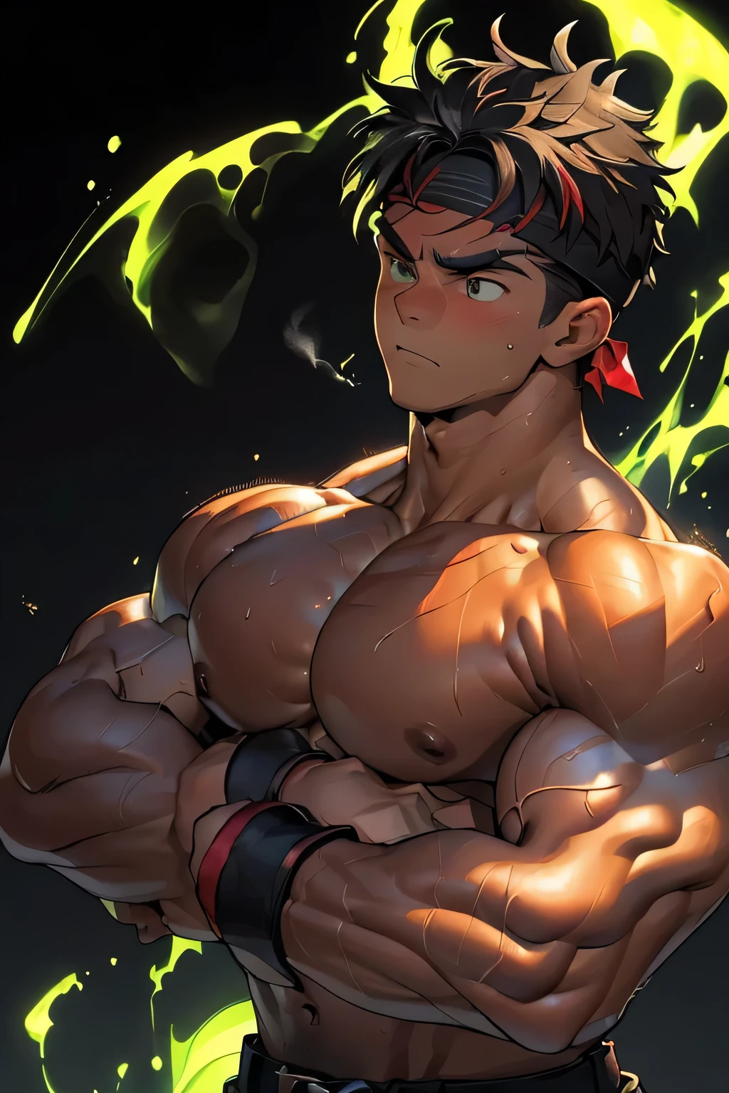 ((masterpiece, best quality, stalwart, rippling muscles, detailed face, detailed muscle, (Depth of field:1.2))), (((((black background, deep night, upper body, side shot, dynamic angle, random looking up, sweat))))), (worm green eyes, Young boy, muscler, Shirtless, topless, floating energy), ((((1boy, flesh, tough, reliable, developed body)))), (Dark Short straight hair, green eyes, ((almost completely shaved hair)), under cut, no areola, little Nipples), (((red headband, black trouser, belt, boots, monk style))), Vivid colors, ((big breast, big abs, big shoulder, muscular body, sturdy body, defined round and fleshy pecs, defined round and fleshy ABS, defined round and fleshy armsmuscular, well-defined muscles, shouldermuscler)), muscler!, muscler body, (((Flowing energy aura, wearing emphasize the power of his aura. Highlight his aura, aura effect, wearing energy vapor, fighting pose:1.2)))