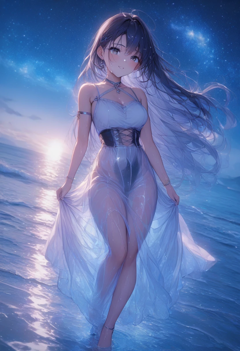 8k, masterpiece, RAW Photos, highest quality, Realistic, Very detailed, Depth of written boundary, Cinematic Light, Anatomically correct body,
One beautiful 40 year old woman, (Very beautiful face:1.3), (Exquisitely detailed face:1.3), (A seductive face:1.2), (Very sensitive skin:1.3), Transparent muscle, Shiny white skin, Glamorous Body,
(Wavy black long hair:1.2), (Sexy Breasts:1.1), (Sexy ass:1.1),
(White Summer Beach Dress:1.4), (Detailed cloth texture:1.2), (Gorgeous necklace:1.1), (Gorgeous earrings:1.1),
(Dark starry background:1.4), (Milky Way:1.1), (milky way:1.1), (shooting star:1.1), (Dark coastline at night:1.4), (Pitch black sea surface:1.4),
(Standing on the beach:1.2),