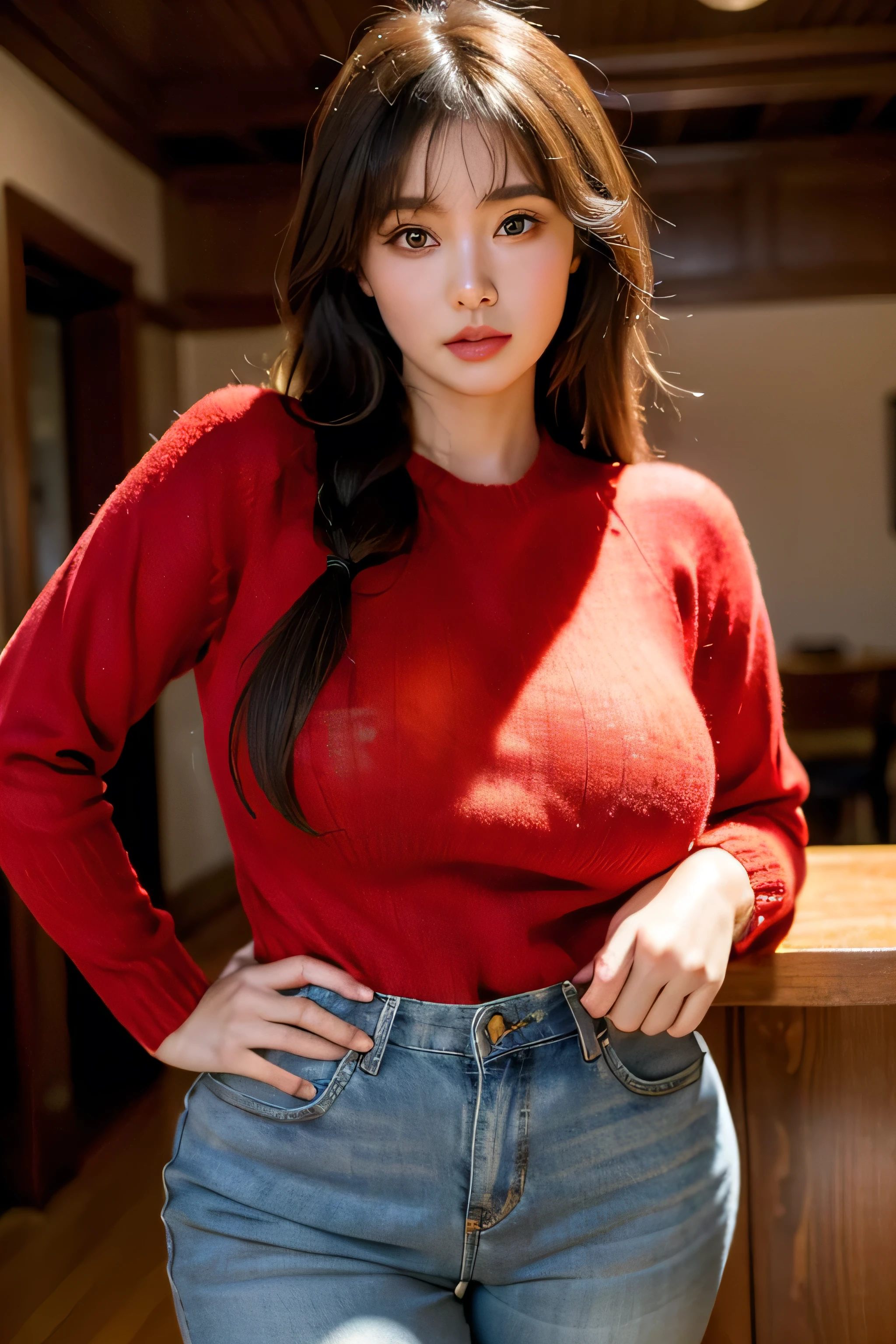 a woman in jeans and a red t-shirt with jeans jacket posing for a picture, beautiful face, red lips, red hair, perfect body shape , beautiful alluring anime woman, extremely detailed artgerm, as seen on artgerm, style artgerm, cleavage, revealing clothes, artgerm comic, artgerm. anime illustration, like artgerm, detailed digital anime art, full body (NSFW breasts), hdri, extremely naked, nude, nua, pelada, nsfw, gigantic breast 1.9