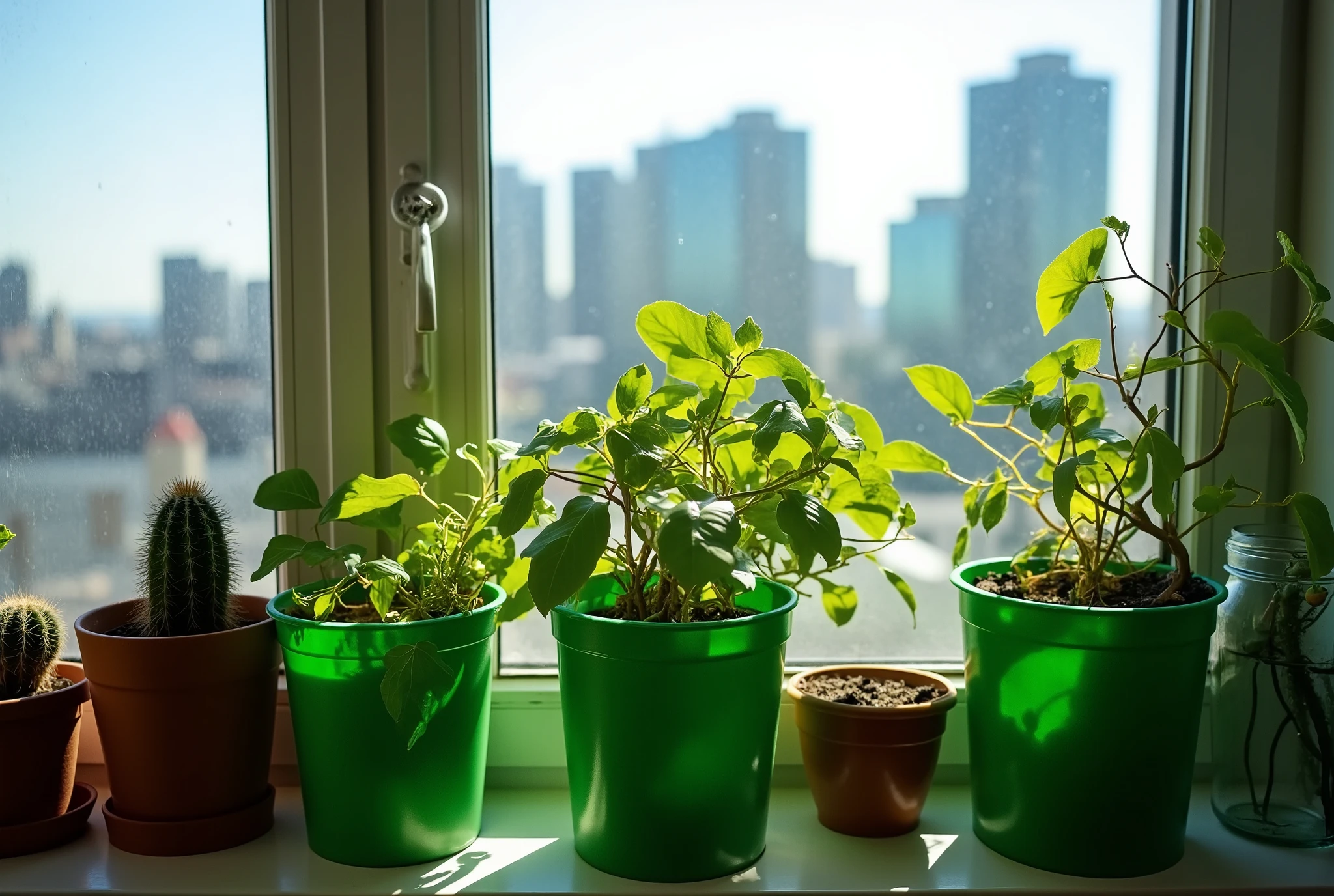 sony_a7III professional style photo, Indoor close-up of a windowsill with various plants, vibrant green leaves illuminated by soft sunlight, potted in a mix of green plastic containers, clear glass jars, and a brown terracotta pot, a cactus visible on the left in a small pot, glass window slightly foggy and streaked, cityscape in the background featuring blurred buildings under a clear blue sky, bright natural daylight creating high contrast between shadows and light, serene and urban aesthetic
