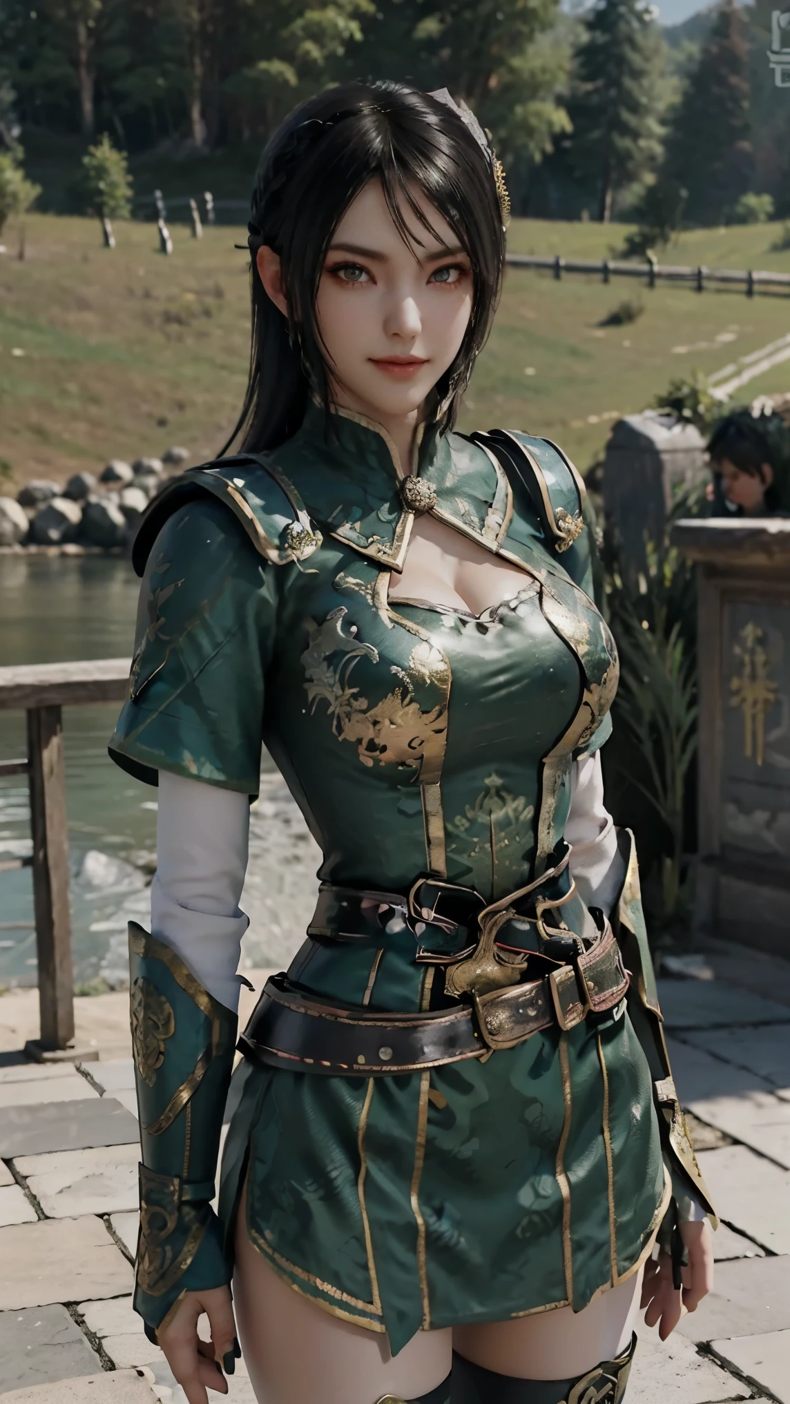 Xingcai,(best qualityer,4K,8k,high resolution,work of art:1.2)(weather: windy), Chinese village background, Chinese garden, short sleeve top, shoulder pads, elbow long gauntlets, dress trail, belt, corset, mini skirt, gold trim, stockings, garter belt, thigh high boots, dragon embroidery, eyeliner, short wavy hair, black hair, ultra detailed, realistic, portrait, beautiful detailed green eyes, glowing eyes, blush, beautiful detailed lips, extremely detailed eye and face, long eyelashes, sexy, average, large breasts, beaming smile, sexy smile, powerful girl, sexy pose, stunning curves, bright coloured, dramatic lighting,