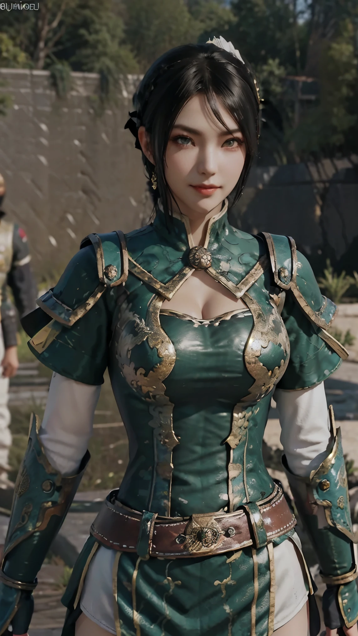 Xingcai,(best qualityer,4K,8k,high resolution,work of art:1.2)(weather: windy), Chinese village background, Chinese garden, short sleeve top, shoulder pads, elbow long gauntlets, dress trail, belt, corset, mini skirt, gold trim, stockings, garter belt, thigh high boots, dragon embroidery, eyeliner, short wavy hair, black hair, ultra detailed, realistic, portrait, beautiful detailed green eyes, glowing eyes, blush, beautiful detailed lips, extremely detailed eye and face, long eyelashes, sexy, average, large breasts, beaming smile, sexy smile, powerful girl, sexy pose, stunning curves, bright coloured, dramatic lighting,