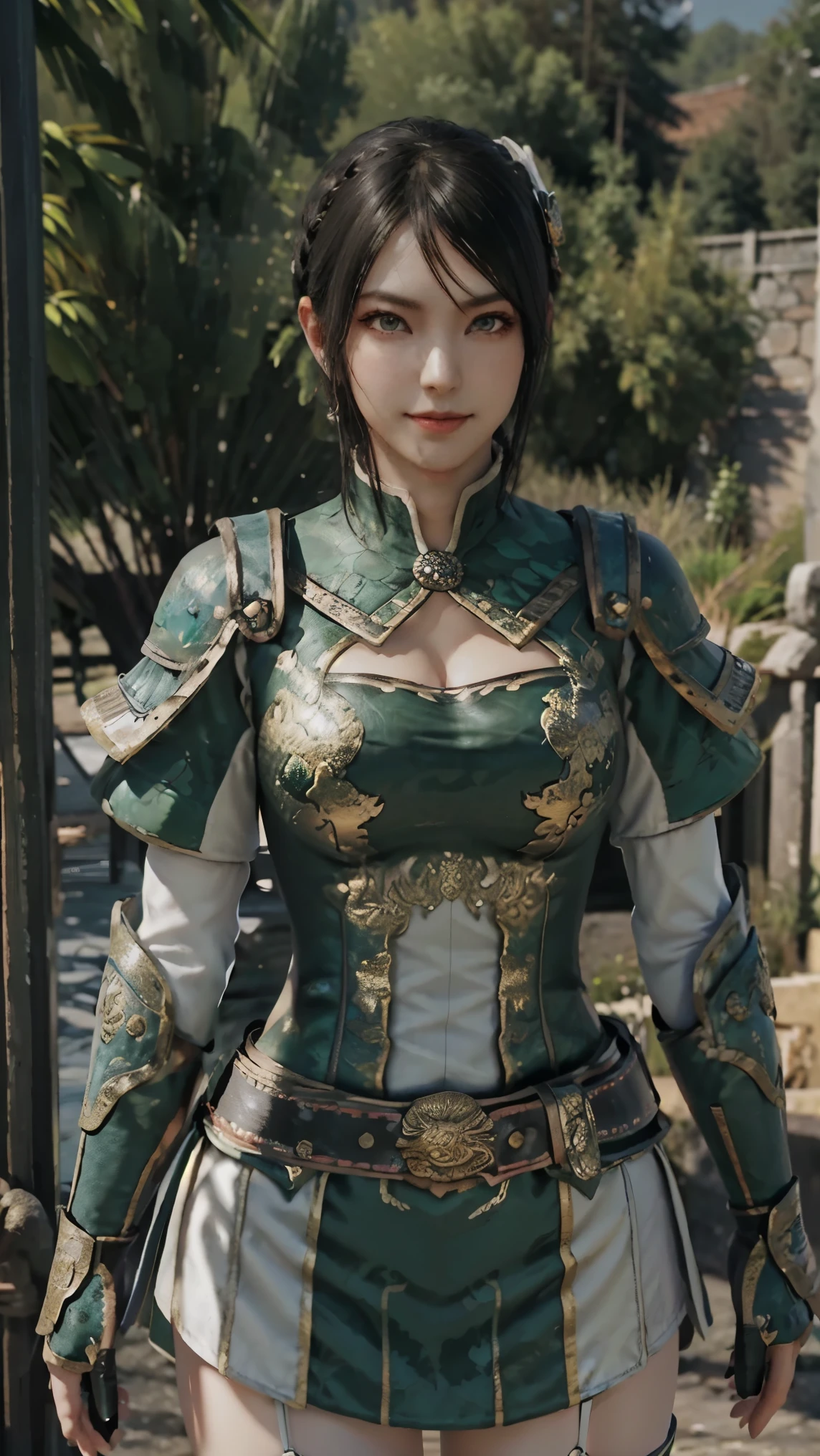 Xingcai,(best qualityer,4K,8k,high resolution,work of art:1.2)(weather: windy), Chinese village background, Chinese garden, short sleeve top, shoulder pads, elbow long gauntlets, dress trail, belt, corset, mini skirt, gold trim, stockings, garter belt, thigh high boots, dragon embroidery, eyeliner, short wavy hair, black hair, ultra detailed, realistic, portrait, beautiful detailed green eyes, glowing eyes, blush, beautiful detailed lips, extremely detailed eye and face, long eyelashes, sexy, average, large breasts, beaming smile, sexy smile, powerful girl, sexy pose, stunning curves, bright coloured, dramatic lighting,