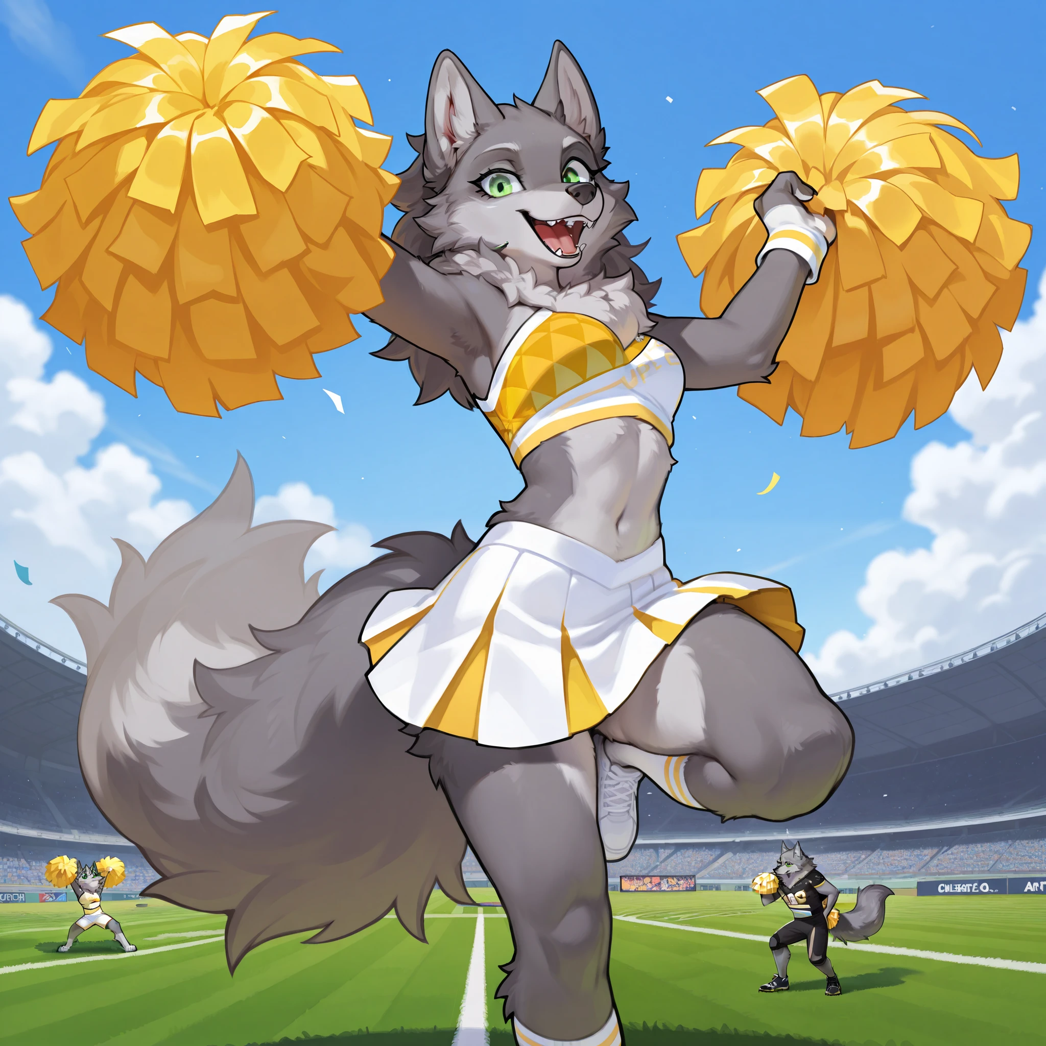 wolf furry, cheerleading outfit, gold and white cheerleader outfit, college, football field, outside, cheering, green eyes, fluffy fur, grey fur.