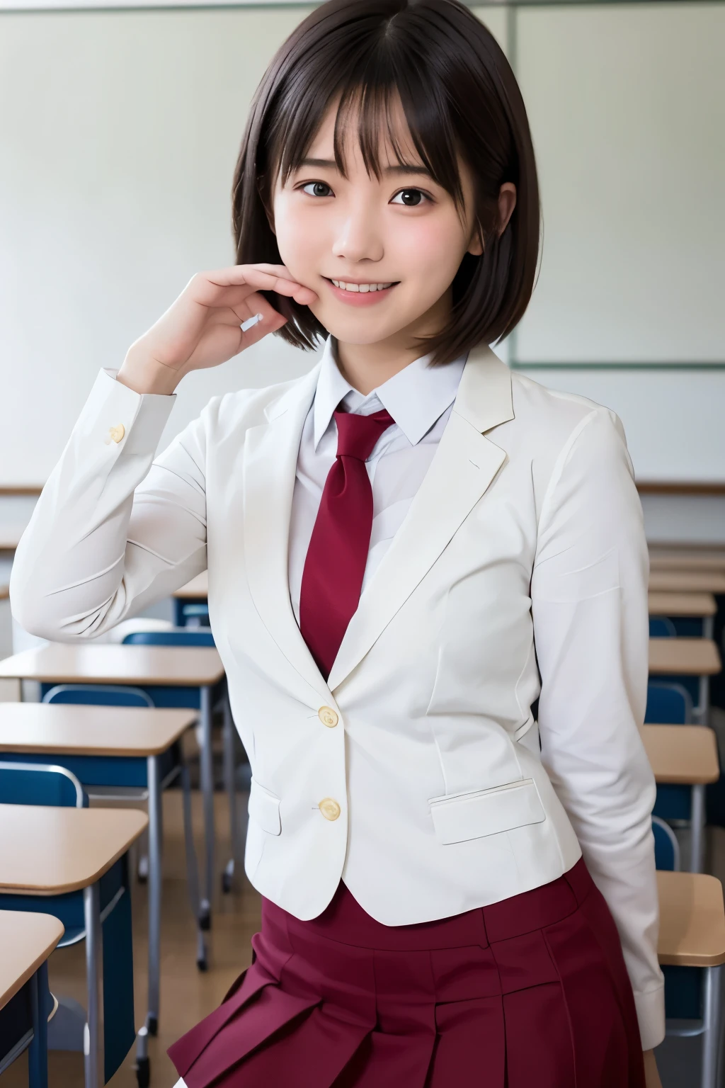 best quality , high quality , soft light, super high definition, ( Photos Realistic :1.4), focus on face , japanese girl, solo, cute , embarrassed smile, ( brown eyes, light in the eyes ), detailed and beautiful face , realistic skin and texture , short bob hair, high school classroom , blazer, white shirt, red tie , skirt