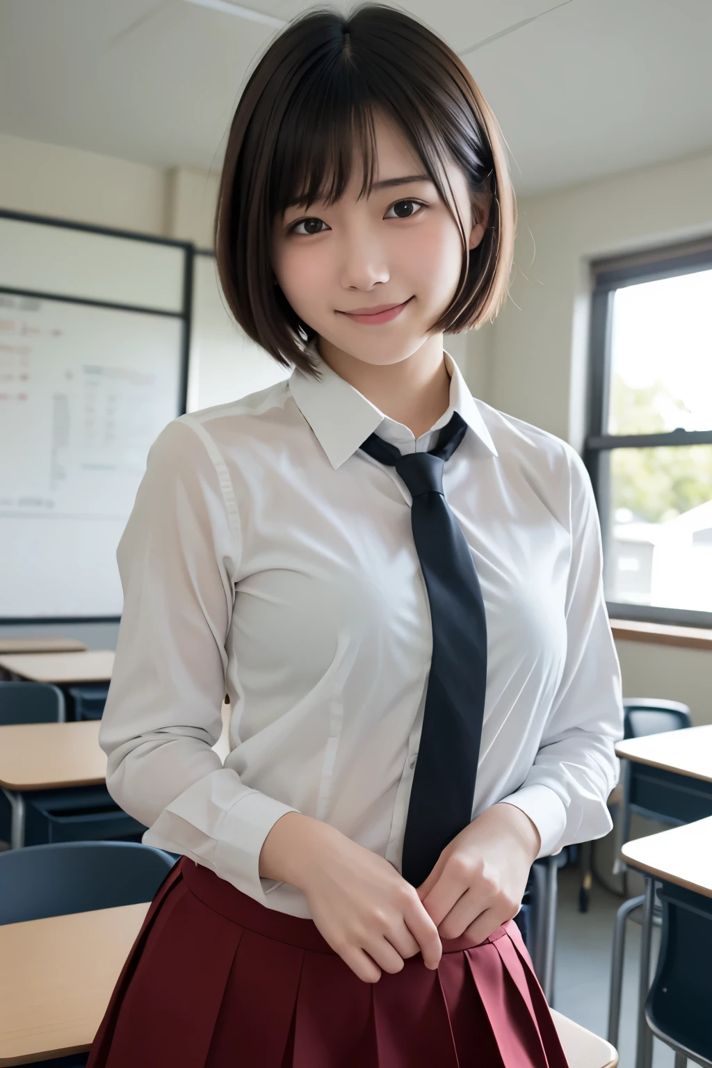 best quality , high quality , soft light, super high definition, ( Photos Realistic :1.4), focus on face , japanese girl, solo, cute , embarrassed smile, ( brown eyes, light in the eyes ), detailed and beautiful face , realistic skin and texture , short bob hair, high school classroom , blazer, white shirt, red tie , skirt