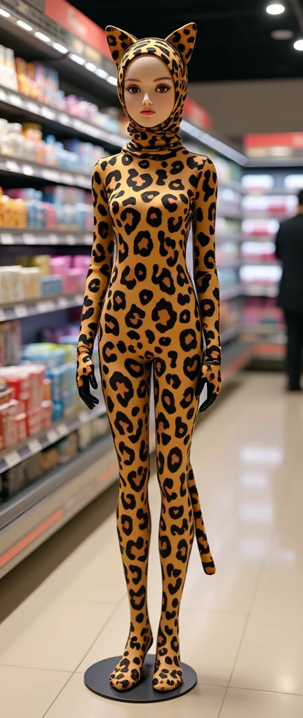 The most beautiful,thin,most pretty and clever Asian muslimah adult girl with a pair of black glasses wears giraffe lycra turtleneck unitard catsuit covered with spots.She always wear giraffe print lycra dancewear stretchy hijab covered with many spots.She is sitting on the plastic chair and eats a lot of peperoni pizza at the hotel.