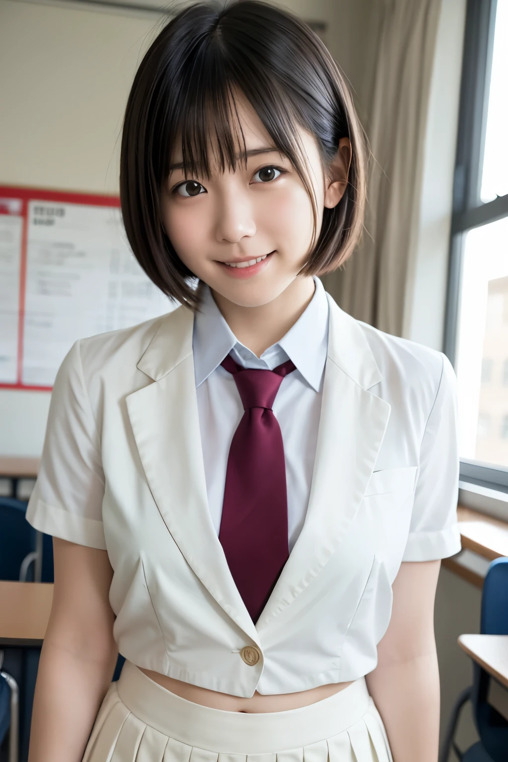 best quality , high quality , soft light, super high definition, ( Photos Realistic :1.4), focus on face , japanese girl, solo, cute , embarrassed smile, ( brown eyes, light in the eyes ), detailed and beautiful face , realistic skin and texture , short bob hair, high school classroom , blazer, white shirt, red tie , skirt