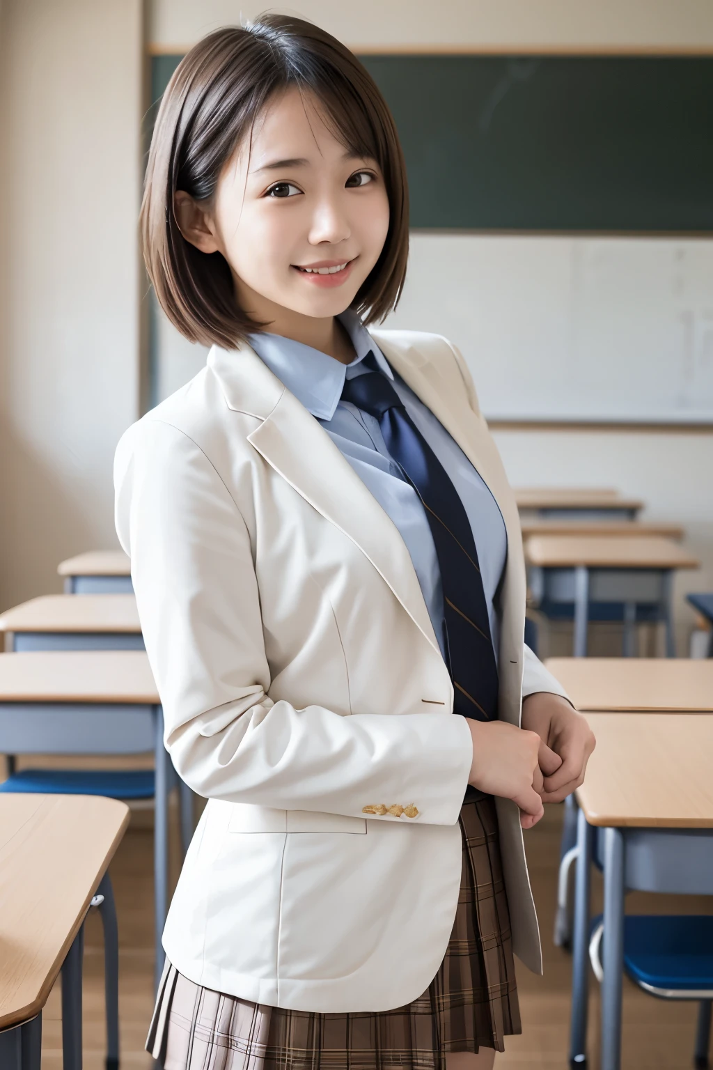 best quality , high quality , soft light, super high definition, ( Photos Realistic :1.4), focus on face , japanese girl, solo, cute , embarrassed smile, ( brown eyes, light in the eyes ), detailed and beautiful face , realistic skin and texture , short bob hair, high school classroom , blazer, white shirt, red tie , skirt