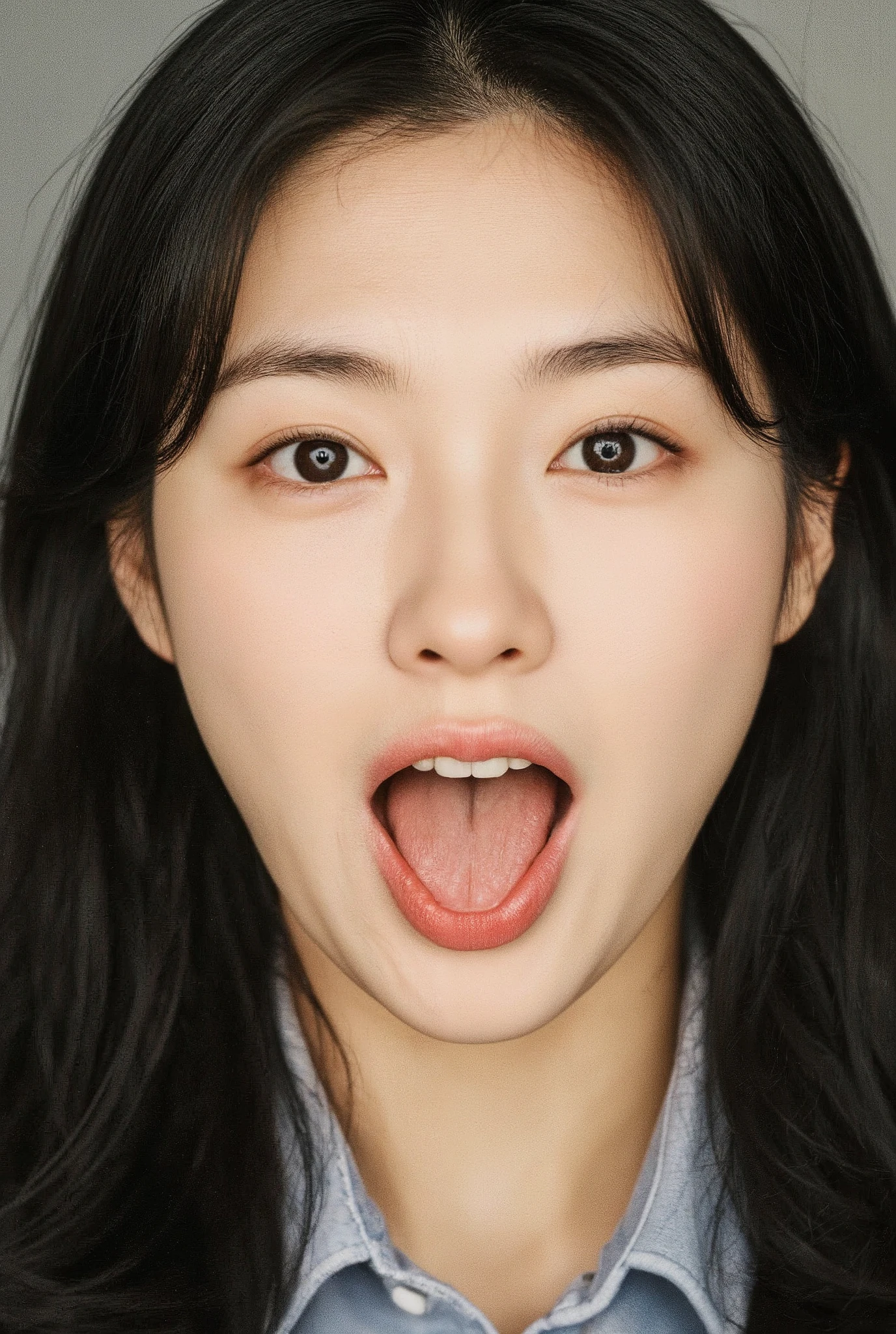 Realistic, sharp focus, high resolution, layout from chest up, mouth open and tongue out, portrait, one person, Japanese, female, beautiful woman, mature, calm atmosphere, 40 years old, translucent fair skin, medium long hair, black hair, forehead visible, small nose,