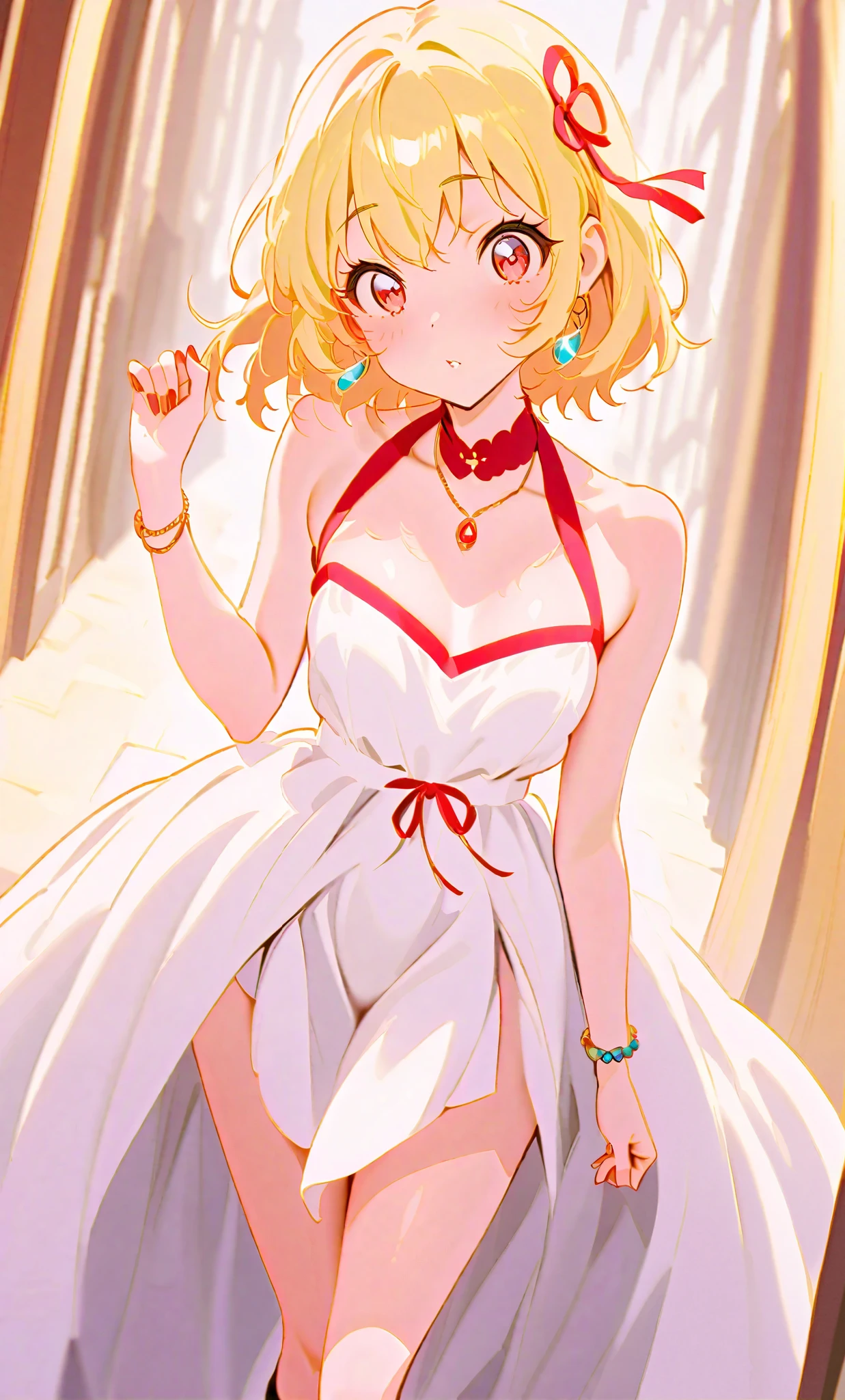 Hoshimiya Ichigo , Blonde, Red Eyes, (Red Ribbon on Hairband: 1.2), 1 Girl, 2025, {{Giant Hoop Earrings}}, Covered Nipples, {{Puffy Nipples}}, Nipples Rings, Thick Hill, Drawstring, Cameltoe, Beholder, Evening Dress, Silver Dress, Halter Dress, Platform Heel, {{{Neck Pose}}}, Progress, Jewelry, Bag, Nail Polish, Bracelet, {{Giant Hoop Earrings} }, Sanpaku eyes, leaning forward, blowjob face, short hair, ponytail, side hair, {{tight}}, symbol eyes, QOS tattoo,