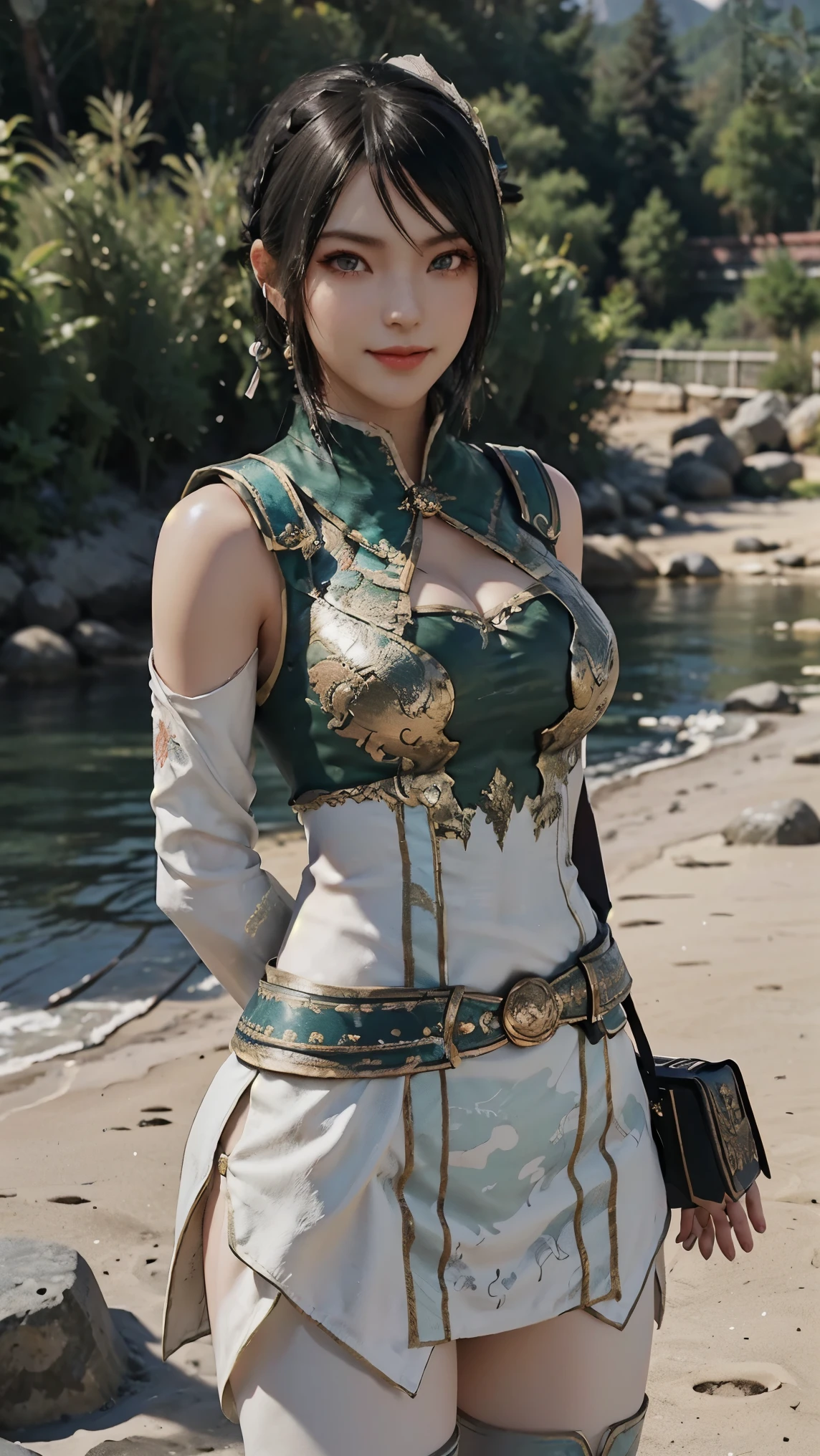 Xingcai,(best qualityer,4K,8k,high resolution,work of art:1.2)(weather: windy), Chinese village background, beach shore, sleeveless beach top, backless one piece swimsuit, sash belt, straw hat, lace shoes, dragon embroidery, eyeliner, short wavy hair, black hair, ultra detailed, realistic, portrait, beautiful detailed green eyes, glowing eyes, blush, beautiful detailed lips, extremely detailed eye and face, long eyelashes, sexy, average, large breasts, beaming smile, flirty smile, powerful girl, sexy pose, stunning curves, bright coloured, dramatic lighting,