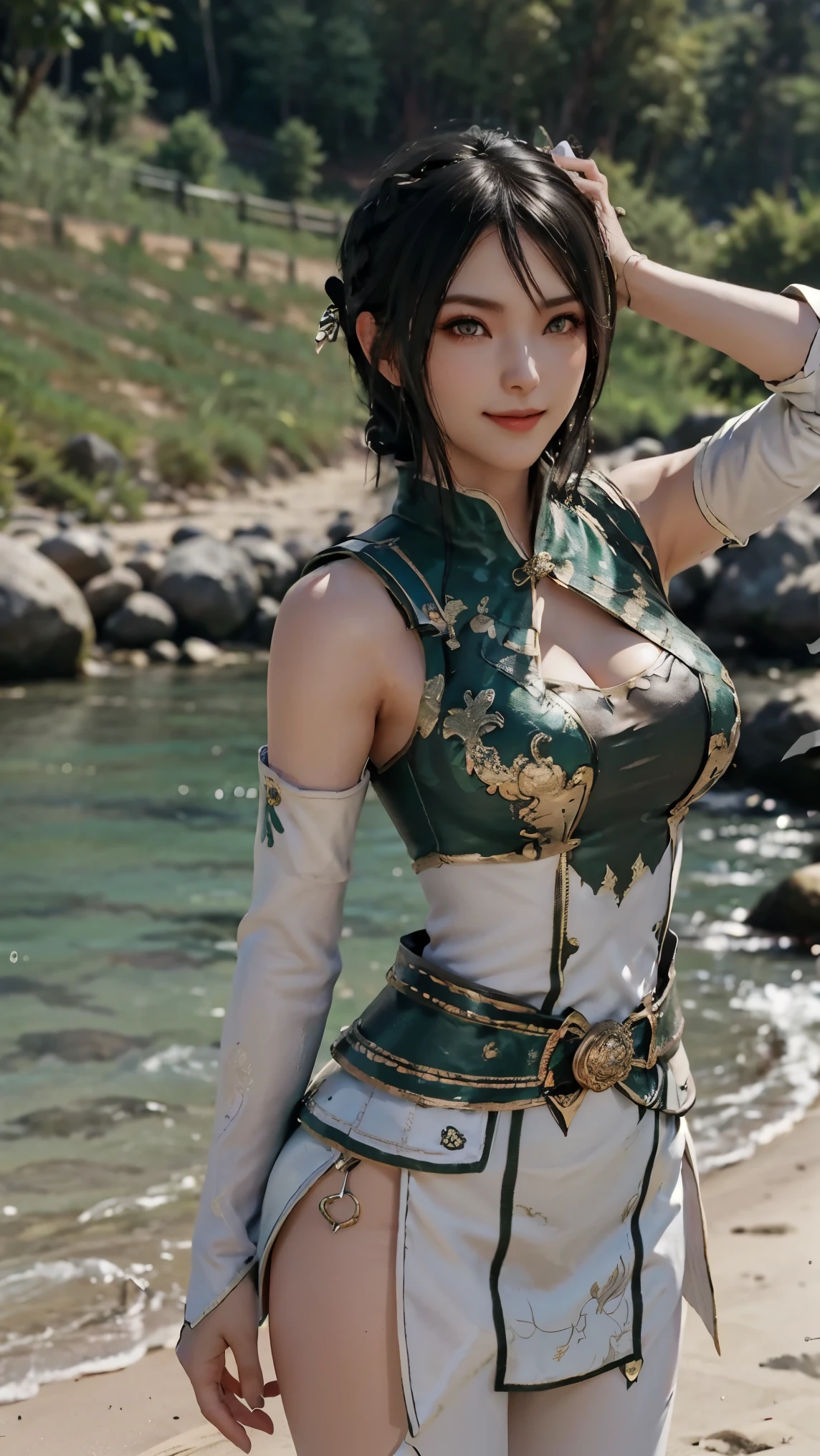 Xingcai,(best qualityer,4K,8k,high resolution,work of art:1.2)(weather: windy), Chinese village background, beach shore, sleeveless beach top, backless one piece swimsuit, sash belt, straw hat, lace shoes, dragon embroidery, eyeliner, short wavy hair, black hair, ultra detailed, realistic, portrait, beautiful detailed green eyes, glowing eyes, blush, beautiful detailed lips, extremely detailed eye and face, long eyelashes, sexy, average, large breasts, beaming smile, flirty smile, powerful girl, sexy pose, stunning curves, bright coloured, dramatic lighting,