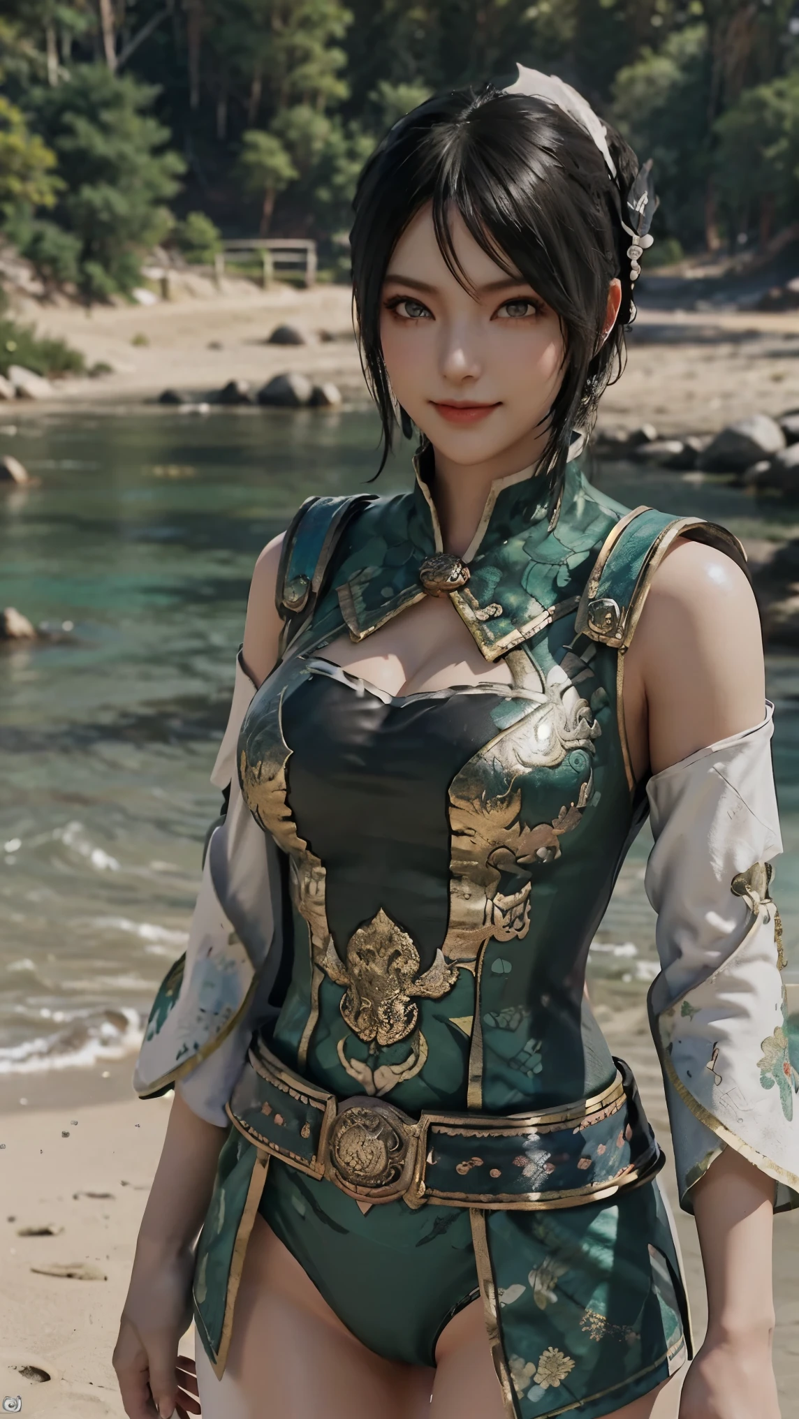 Xingcai,(best qualityer,4K,8k,high resolution,work of art:1.2)(weather: windy), Chinese village background, beach shore, sleeveless beach top, backless one piece swimsuit, sash belt, straw hat, lace shoes, dragon embroidery, eyeliner, short wavy hair, black hair, ultra detailed, realistic, portrait, beautiful detailed green eyes, glowing eyes, blush, beautiful detailed lips, extremely detailed eye and face, long eyelashes, sexy, average, large breasts, beaming smile, flirty smile, powerful girl, sexy pose, stunning curves, bright coloured, dramatic lighting,