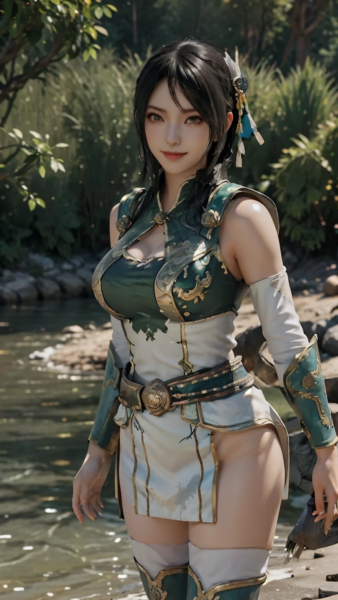 Xingcai,(best qualityer,4K,8k,high resolution,work of art:1.2)(weather: windy), Chinese village background, beach shore, sleeveless beach top, backless one piece swimsuit, sash belt, straw hat, lace shoes, dragon embroidery, eyeliner, short wavy hair, black hair, ultra detailed, realistic, portrait, beautiful detailed green eyes, glowing eyes, blush, beautiful detailed lips, extremely detailed eye and face, long eyelashes, sexy, average, large breasts, beaming smile, flirty smile, powerful girl, sexy pose, stunning curves, bright coloured, dramatic lighting,