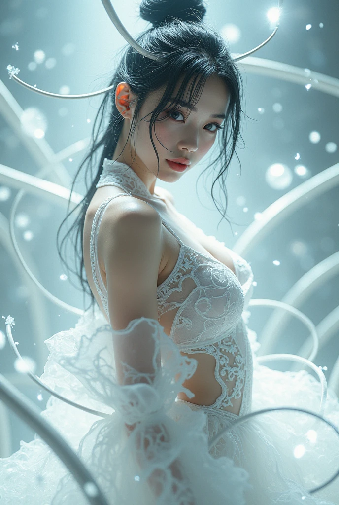 (lifelike, high resolution:1.3), close up,Sense of story,Realism,Chinese aesthetics,(stylish_pose:1.1),future technologies,bailing_robot,A metal robot with delicate mechanical patterns,Partial texture of a metal robot,monochrome,独奏,weapon,Matte metal,(wings:0.6),wire,hpflower,(Ink Art, ink illustration, ink, rough:1.3),(flowing lines),dreaming,dreams,sleeping,eyes closed,floating,(hair flowing into ink:0.8),swirling ink,((abstract)),(1girl:0.5),city,(cityscape:1.4),street,(white:1.1),Rags,bailing_Matte,flower,advanced gray series,science fiction,bailing_Infiltrator,Masterpiece,high quality,extreme detailed,(Fractal Art:1.3),colorful,highest detailed,(chiffon, body painting:1.2),8K,digital art,macro photo,quantum dots,sharp focus,dark shot,cinematic,Microworld,thigh,(upper thighs shot:1.2),front view,eye-contact,high quality,extremely detailed and beautiful origami fantasy translucent magical chillet,blue and white colors,beautiful vibrant dark moonlight lake at night,sharp focus,intricate,detailed illustration,beautiful color palette,incredible details,high dynamic light,perfect composition and chiaroscuro,glowing magical moonlight,bioluminescent creature,intricately detailed,true masterpiece,full_body,