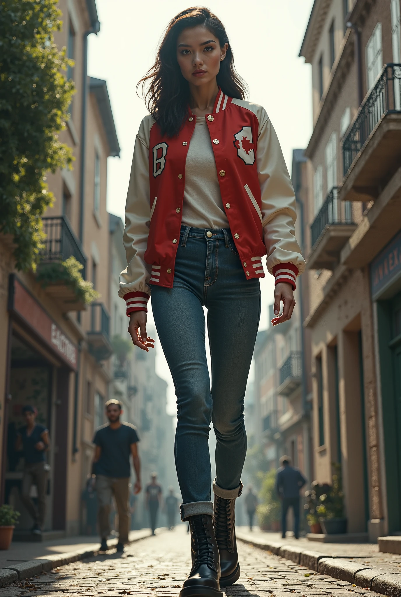 Woman in red jacket walking down a cobblestone street - SeaArt AI