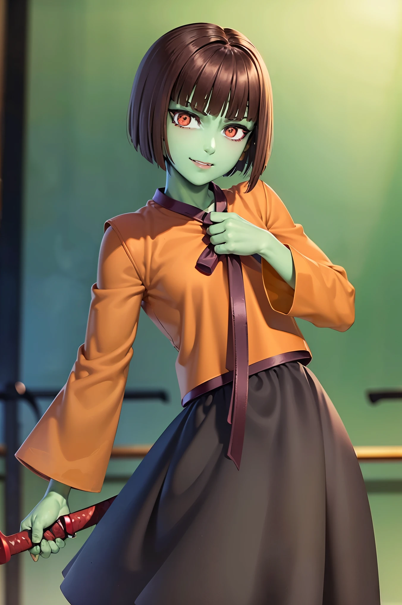 (4k,8k,best quality, masterpiece:1.2), ultra-detailed, realistic, realism, perfect face, perfect nose, perfect hands, detailed hair, detailed eyes, detailed lips, realistic colors, studio lightning, (((cowboy shot)), small mouth, looking at viewer, 1girl, ( red eyes,glowing eyes,brown hair,short hair, green skin, muscular :1.3),((adult)),(30yo),smirk,anak zahard, whip sword, whip, (fighting pose)