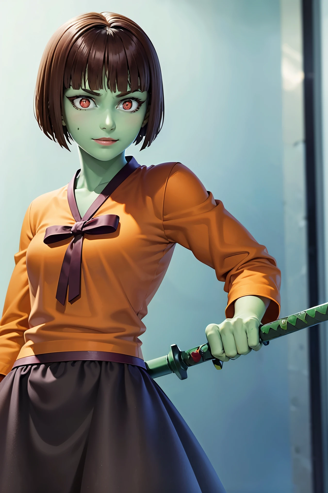(4k,8k,best quality, masterpiece:1.2), ultra-detailed, realistic, realism, perfect face, perfect nose, perfect hands, detailed hair, detailed eyes, detailed lips, realistic colors, studio lightning, (((cowboy shot)), small mouth, looking at viewer, 1girl, ( red eyes,glowing eyes,brown hair,short hair, green skin, muscular :1.3),((adult)),(30yo),smirk,anak zahard, whip sword, whip, (fighting pose)