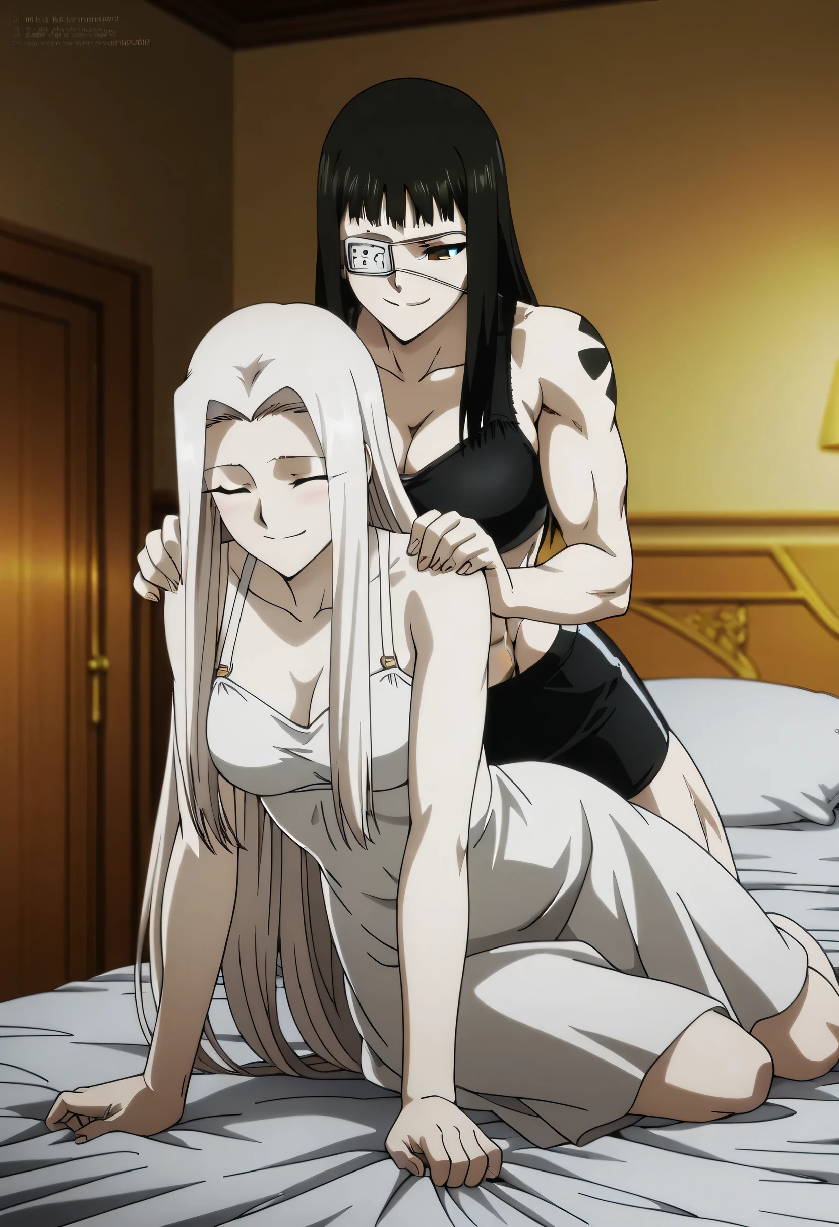 2girl,solo,mm,mature female,black hair,eyepatch,brown eyes,medium breasts,anime coloring,long hair, muscular, tattoo, Valmet wearing sport black tight Elastic fiber sport bra and black tight Elastic fiber shorts,masterpiece,best quality,amazing quality,pelvis muscles,muscles lines,Valmet with beautiful irisviel having a long white hair,irisviel wearing white dress small,irisviel soft body,lesbians,yuri,Valmet hugs irisviel from behind,in night,bedroom,eyes closed,plush face,dynamic sex,reviewing from behind valmet,irisviel laying
side in bed and valmet laying behind her,Valmet both hands touch irisviel belly,irisviel hands on Valmet hand,Valmet laying on side bed, irisviel×valmet,tickle irisviel waist and irisviel laugh,Valmet smirk smile