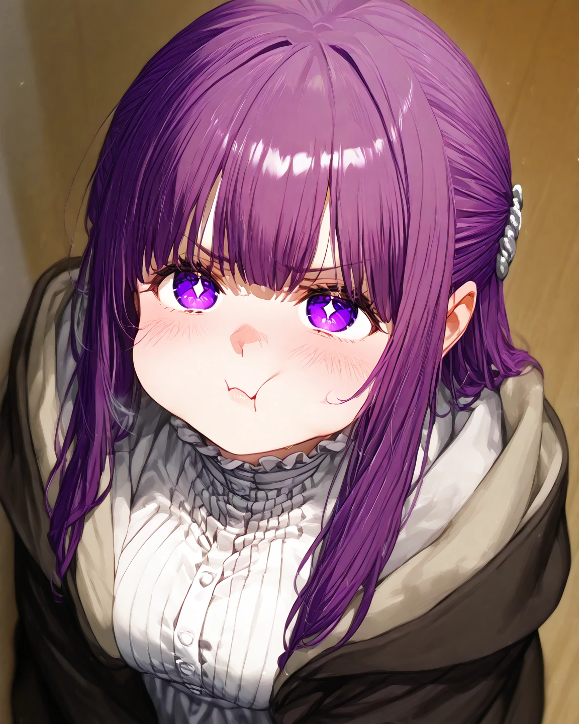 score_9, score_8_up  , score_7_up  , score_6_up  , score_5_up  , score_4_up, BREAK、1girl、purple hair、Angry、cleavage、from above、Puffing one’s cheeks