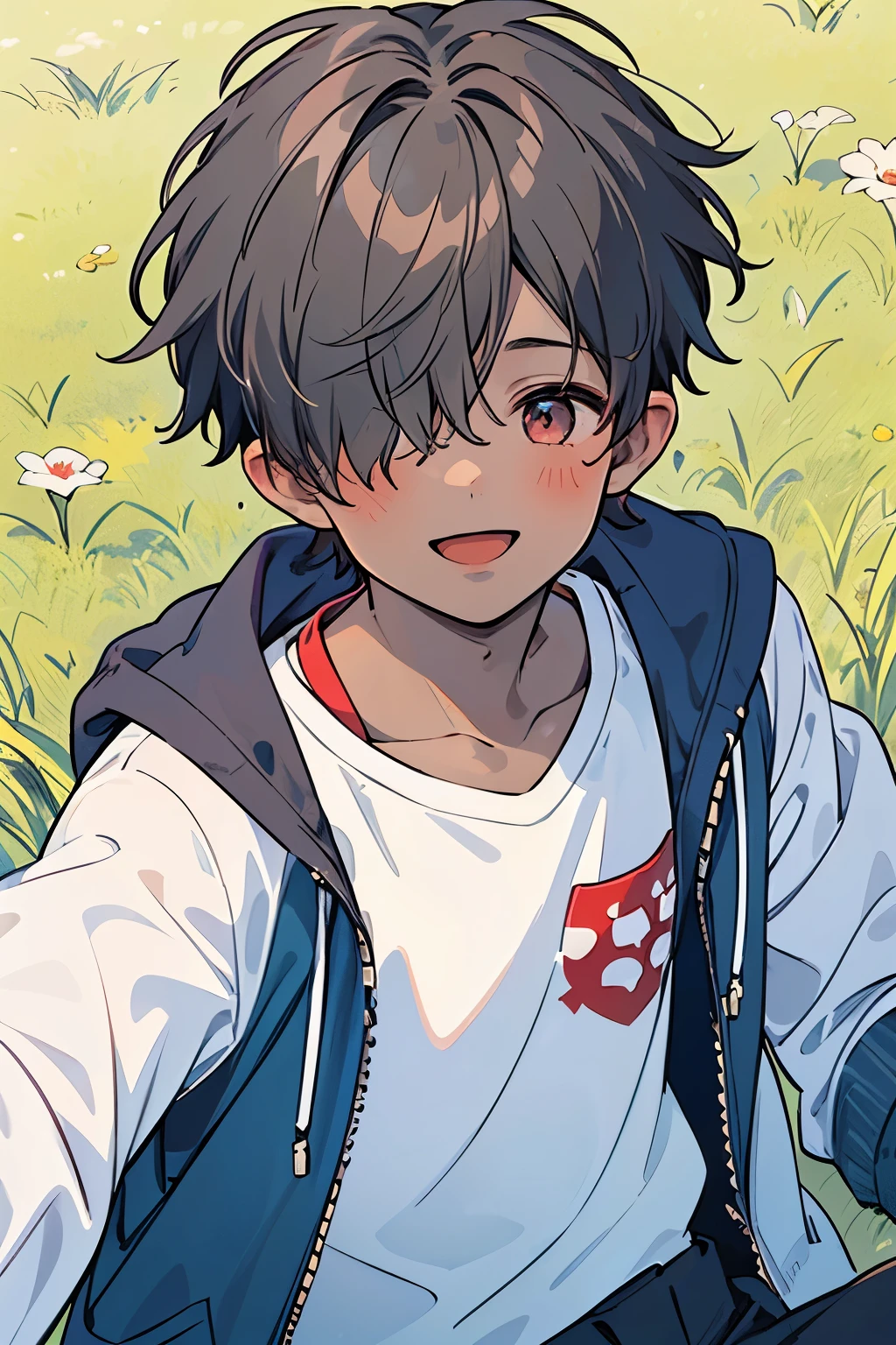 ((1-boy :1.5)),((male性:1.25)),((male:1.2)),a boy on the grass full of pink and red objects,short hair and frizzy hair, hair over one eye,, hair ornament, jacket, pointy ears,puffer jacket, smile,((dark skin body:1.35)),(Alice's Adventures in Wonderland motif:1.0),
