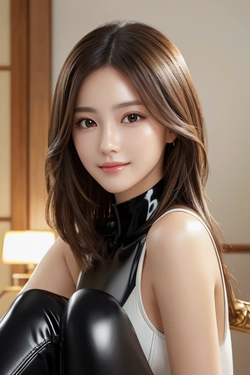 masterpiece、Highest quality、High resolution、Tabletop、wallpaper、Realistic、Bright lighting、Professional Lighting、Face Light、Smooth lighting、Japanese women、Adult、Beautiful woman、action、gravure、sexy、poor、so beautiful、Beautiful Skin、Beautiful and detailed目、Detailed face、slim、Moderate、short hair、Brunette Hair、Brown eyes、Looking at the camera、I have a sax、Latex bodysuit、Knee-high boots、Huge 、Long brown hair、Shiny, Oily skin、Glowing Skin、Indoor competition pool、White skin、flying debris, Highest quality, Realistic, Very detailed, finely, High resolution, 8K Dende wallpaper, One beautiful woman,, Light brown messy hair, Wear a business suit, Sharp focus, Perfect dynamic composition, Beautiful and detailed, Detailed Hair, Detailed Realistic skin texture, smile, Close-up portrait, Model body type