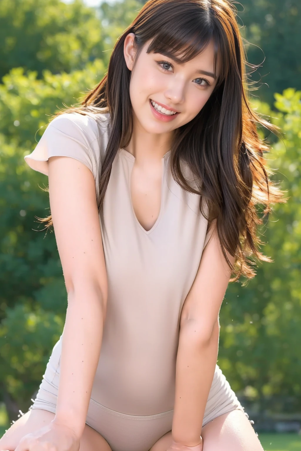 highest quality, masterpiece, Ultra-high resolution, (Realistic:1.4),Cloudy weather, (Close-up portrait) RAW Photos, 1 girl,20-year-old,((Yokohama Triathlon)),((Sleeveless dress skirt)),((Please look up)),,Heurban,((Straight Long Hair)),Realistic,)),((Smiling with teeth showing)),((Big smile))