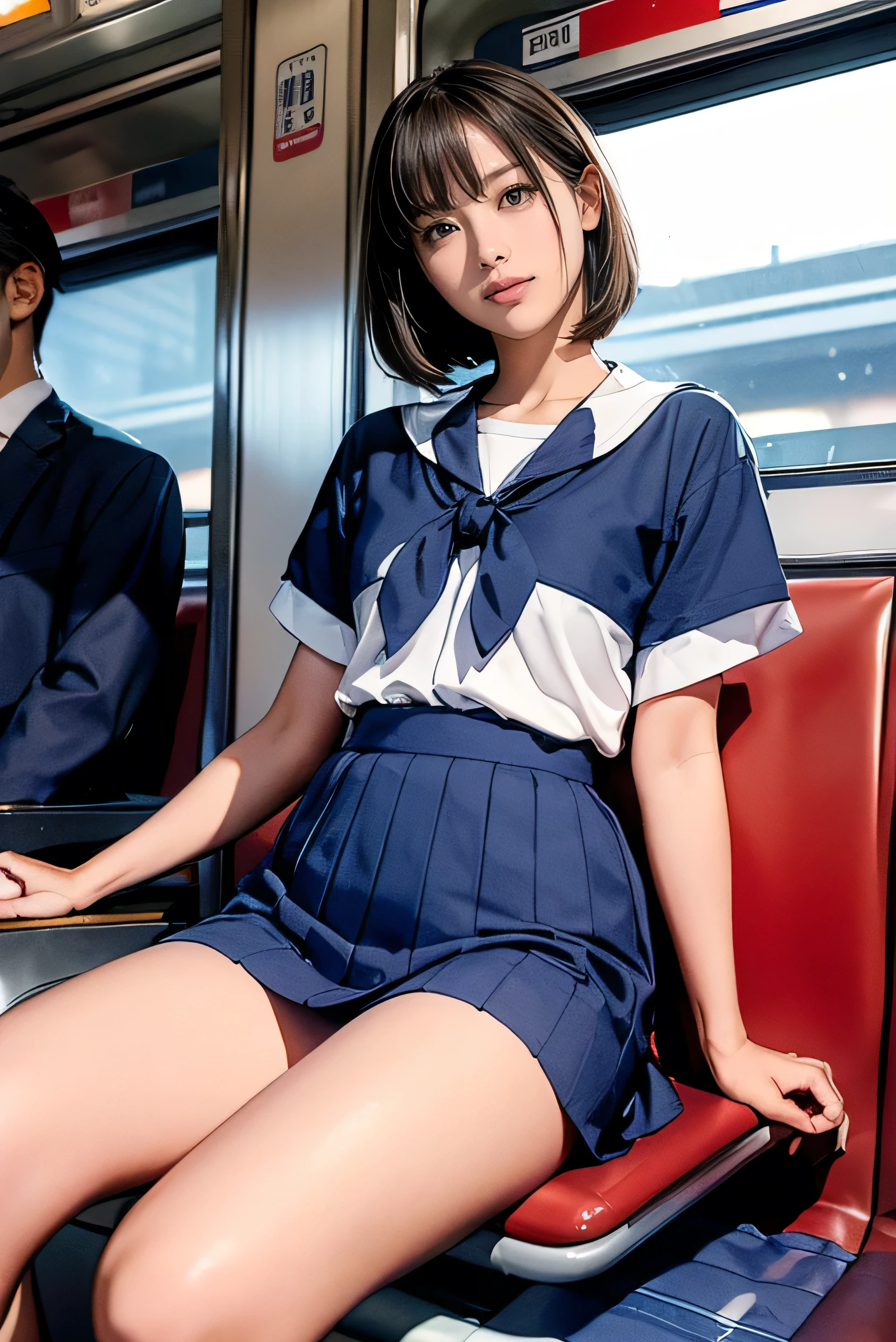 High-definition images, Atmospheric perspective, 8K, Very detailed, precise, best quality,
1 girl, Solitary, Chest, Looking at the audience, (Look at the audience,:1.5),
Brown hair, Brown eyes, parted Lips, underwear, , (Japanese school uniforms),
(Navy blue skirt), (Sitting on a train seat:1.5), underwear, , parted Lips,
Lips, (Navy blue skirt), Cowboy shooting, (((Spread your legs, Cross your arms))), showing sexy White :1.5), Practical ,
(White, Collared shirt, Ribbon Tie),
(Don't expose your upper body:1.5),
(Turn your body towards the audience:1.5) , (From below, look up:1.5), ((15 year old Japanese girl, Short Bob))