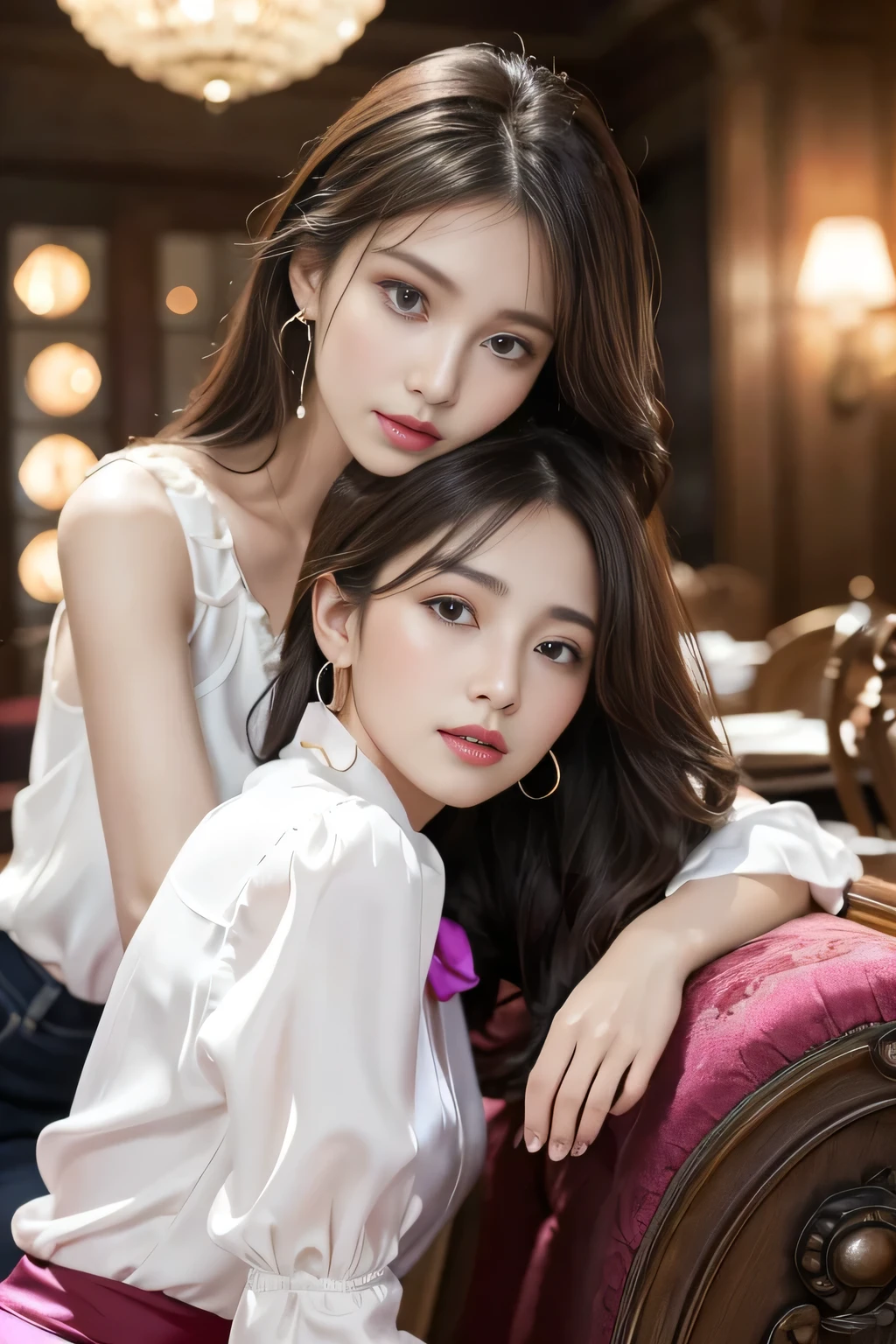 Two young women standing side by side、Light brown hair、、Curly Hair、ear piercing、Necklace around the neck、blouse、Closed Mouth Smile、Intricate details, Very detailed:1.2), 、 Looking into the camera,The background is the office