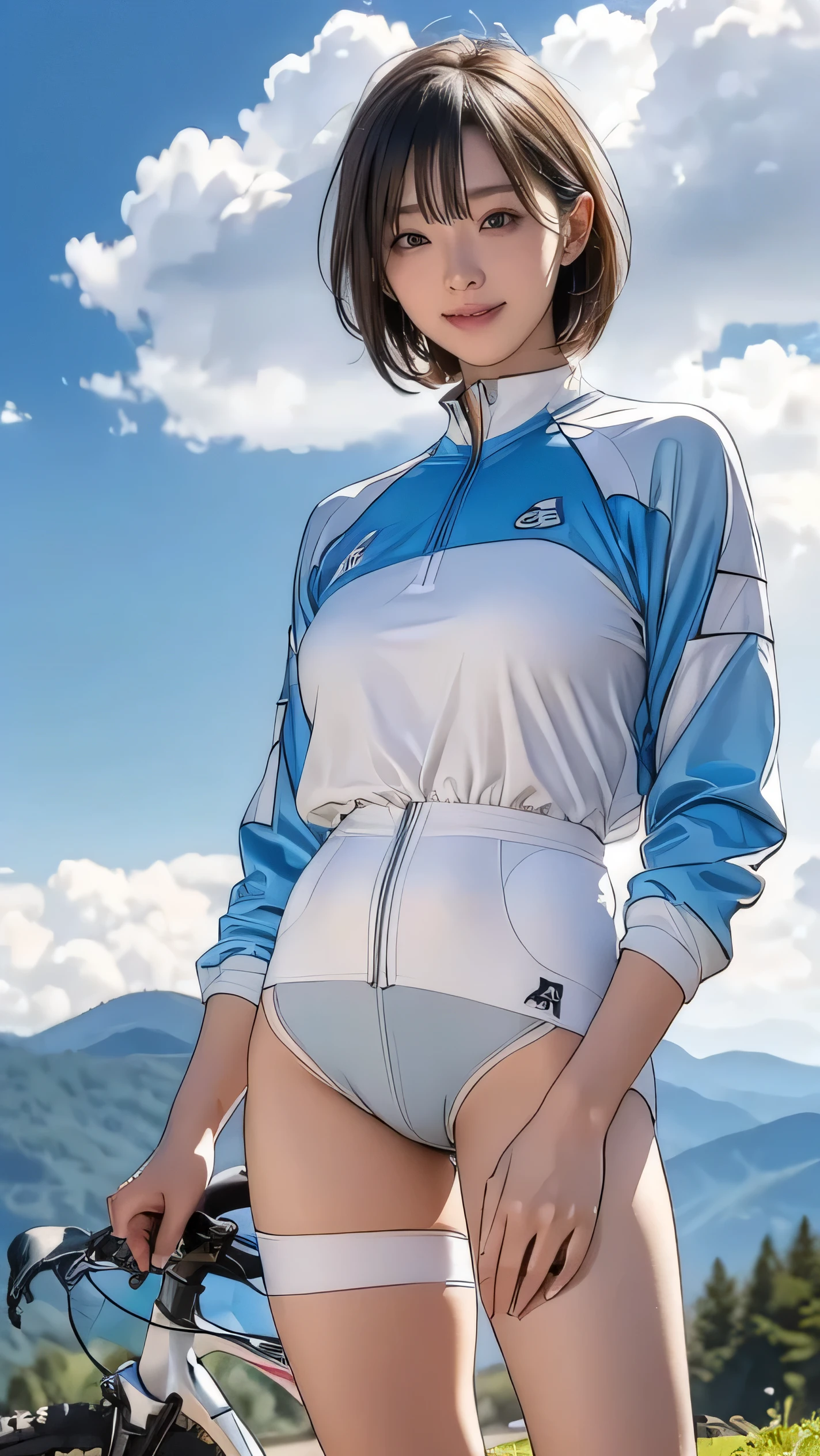 (girl, 14 years old, Same height :1.2) ,masterpiece,Mountain bike,Cycling Enthusiasts,beautiful girl,Professional attire,Blue sky and white clouds,8k, 日本のgirl , Very short hair , Camel Toe, (High color saturation:1.0), (skin is very delicate), (Highest quality:1.0), (Ultra-high resolution:1.0) ,(Actual:1.0), (Very detailed:1.0), (8k, RAW Photos:1.1), (NSFW:1.2)