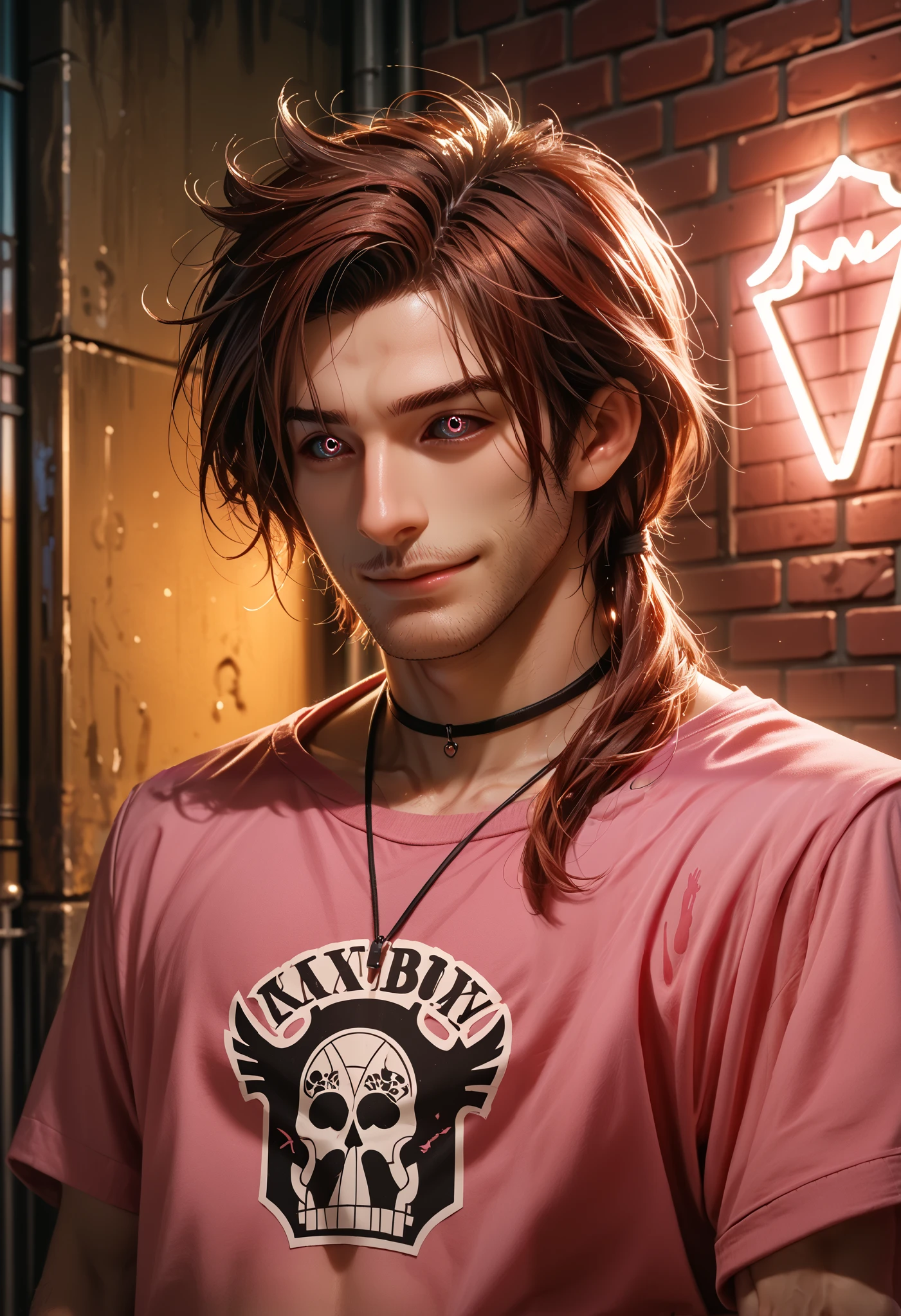 Dsk_Remy_Lebeau, 1boy, auburn hair, black gloves, black sclera, choker, colored sclera, necklace, fingerless gloves, streets, brick walls, sunset, long hair, male focus, navel, necklace, low ponytail, eyes red, shirt, pink crop top, detailed eyes, smile, alone, stubble, upper body, against the wall, standing, extreme light and shadow, portrait photography, lighting cinematic, cinematic angle, score_9, score_8_up, score_7_up, score_6_up, score_5_up, score_4_up,