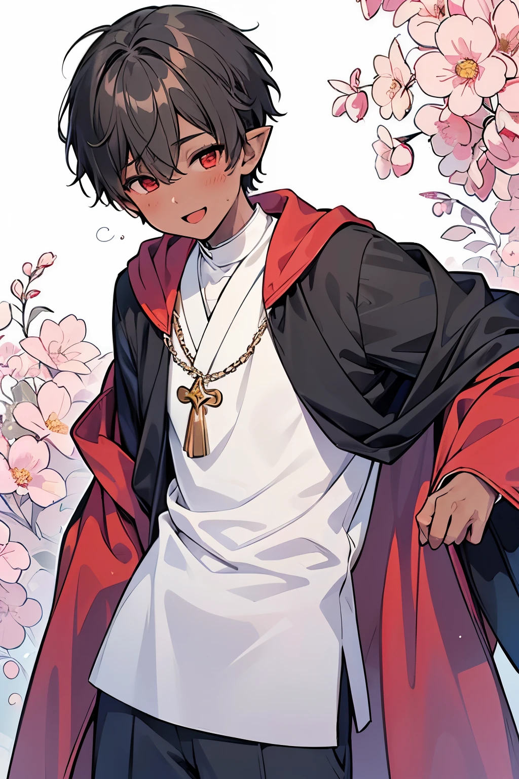 ((1-boy :1.5)),((male性:1.25)),((male:1.2)),a boy on the grass full of pink and red objects,short hair and frizzy hair, hair over one eye,, hair ornament, jacket, pointy ears, priest's robe, miter ,holding rod,smile,((dark skin body:1.35)),(Alice's Adventures in Wonderland motif:1.0),